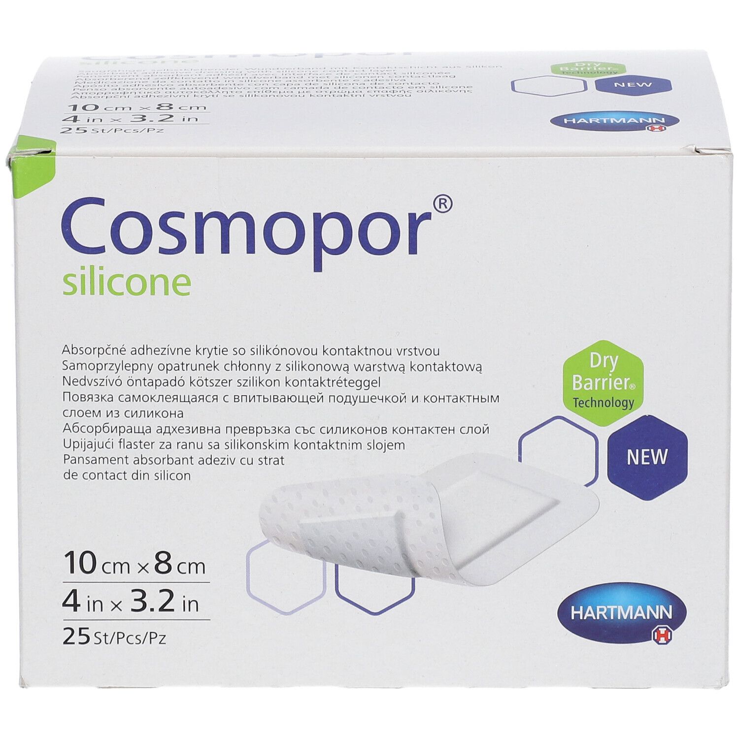 Boîte de Cosmopor® silicone, 10 x 8 cm, 25 pièces. Technologie Dry Barrier et logo Hartmann.