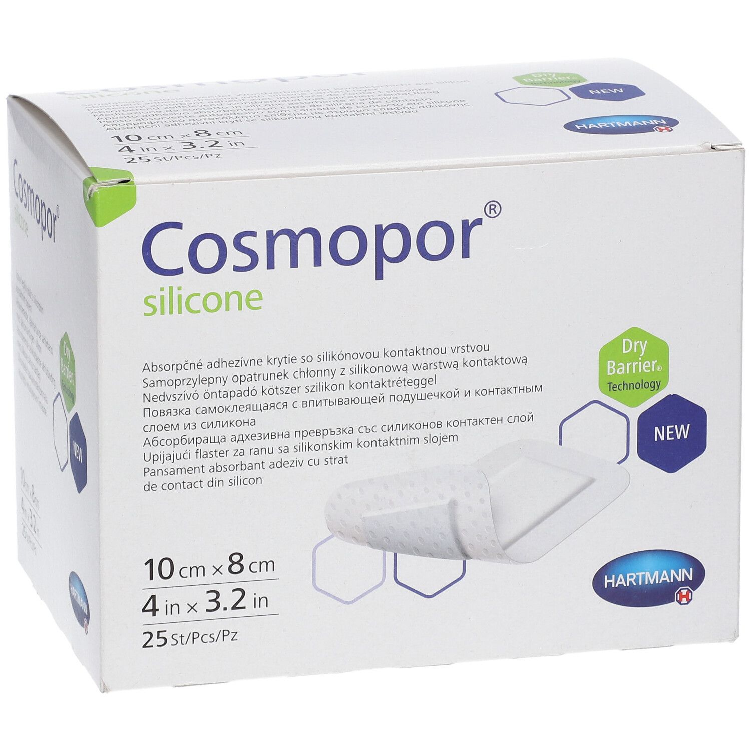 Boîte de Cosmopor® silicone, 10 x 8 cm, 25 pièces. Technologie Dry Barrier et logo Hartmann.