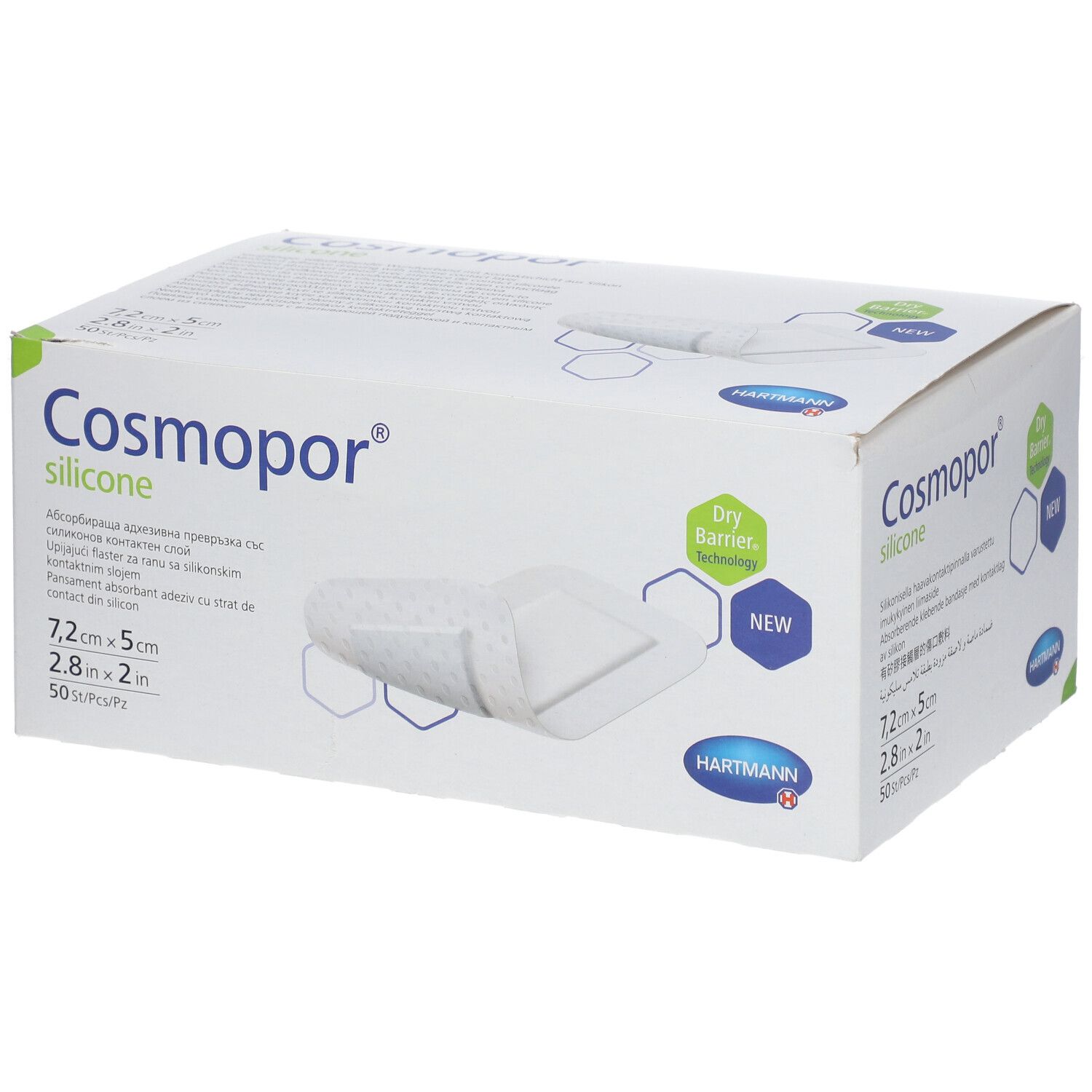 Boîte Hartmann Cosmopor® Silicone. Dimensions : 7,2 x 5 cm. 50 pièces. Avec technologie Dry Barrier. Inscriptions : Cosmopor silicone, Hartmann.
