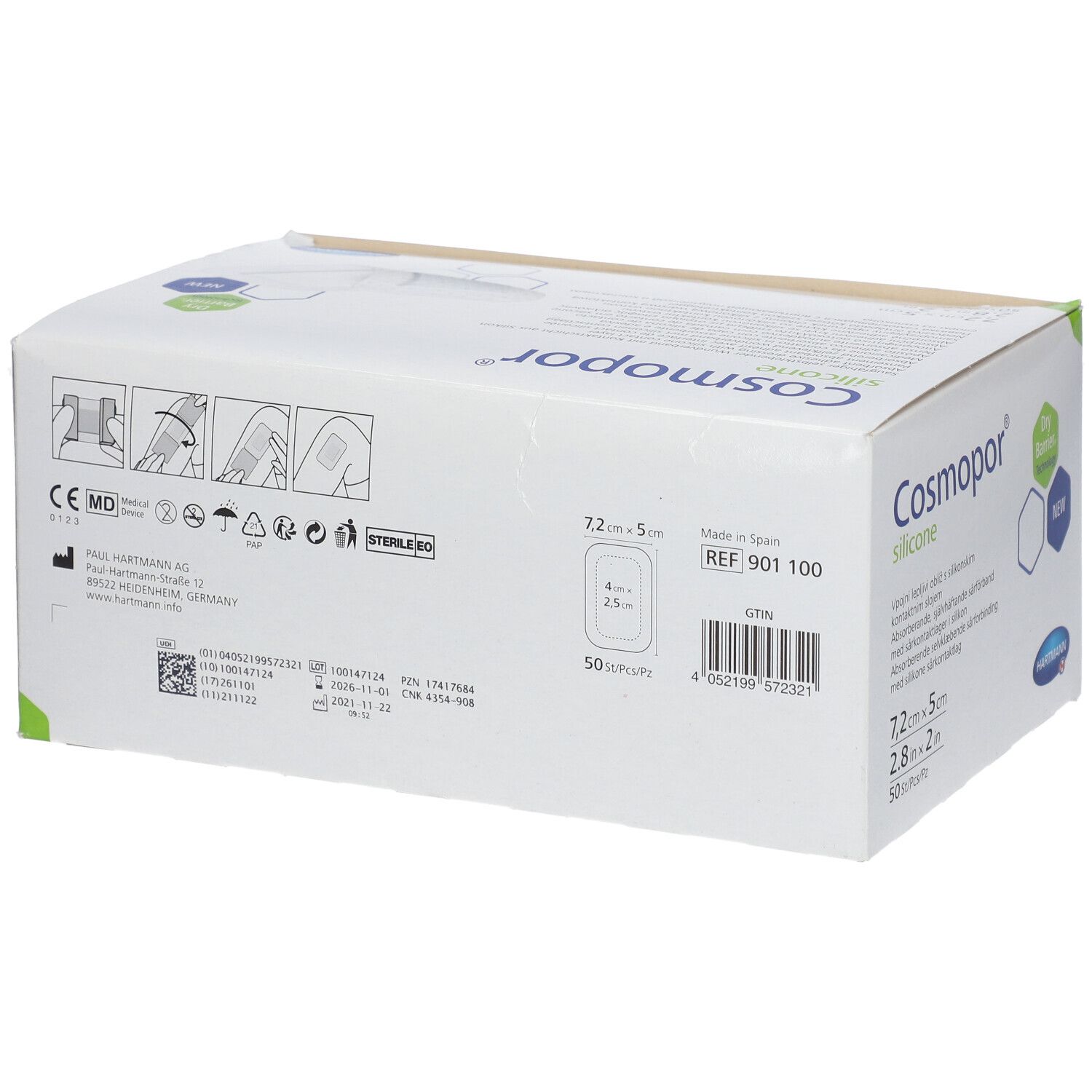 Boîte Hartmann Cosmopor® Silicone. Dimensions : 7,2 x 5 cm. 50 pièces. Avec technologie Dry Barrier. Inscriptions : Cosmopor silicone, Hartmann.