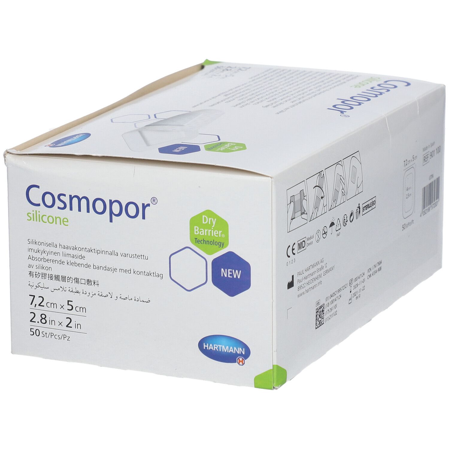 Boîte Hartmann Cosmopor® Silicone. Dimensions : 7,2 x 5 cm. 50 pièces. Avec technologie Dry Barrier. Inscriptions : Cosmopor silicone, Hartmann.