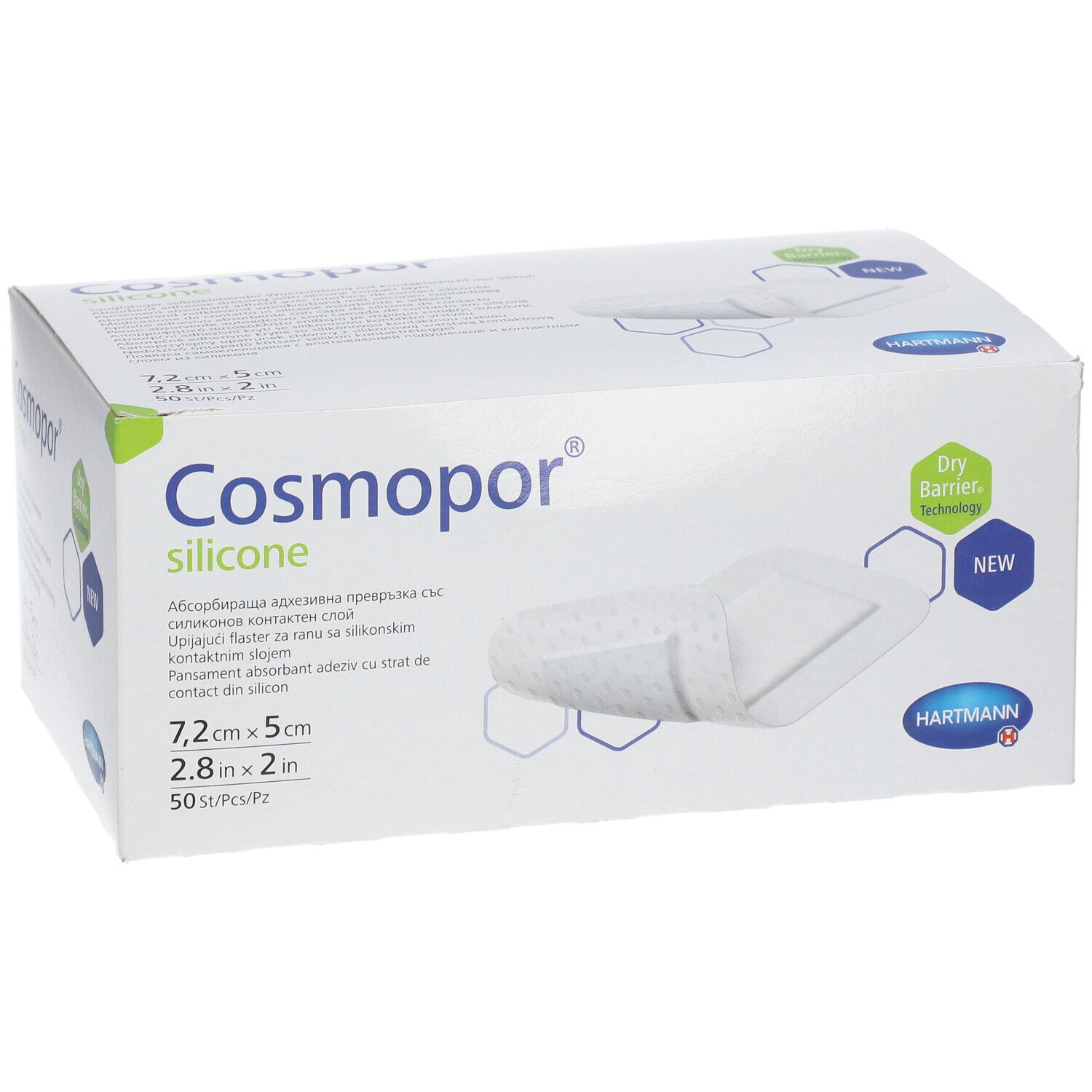 Boîte Hartmann Cosmopor® Silicone. Dimensions : 7,2 x 5 cm. 50 pièces. Avec technologie Dry Barrier. Inscriptions : Cosmopor silicone, Hartmann.