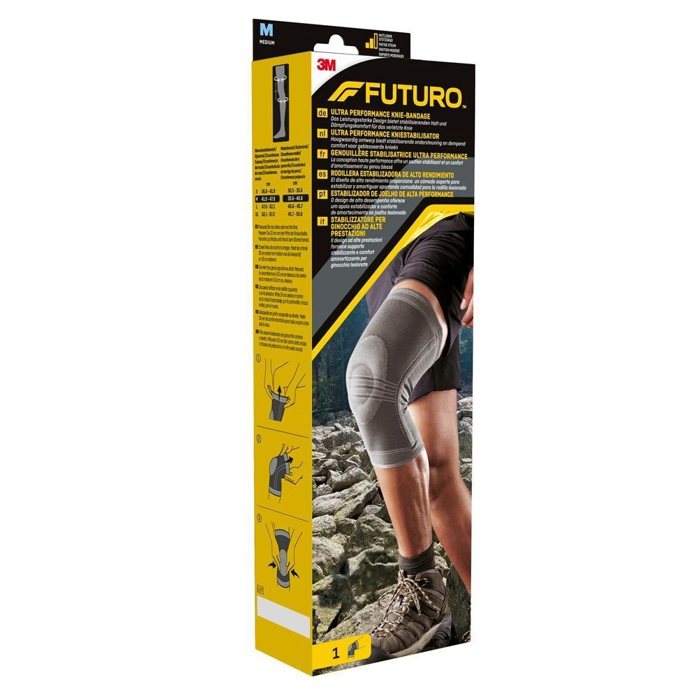 Emballage de la genouillère 3M™ Futuro™. Vue latérale avec image, tailles et instructions.