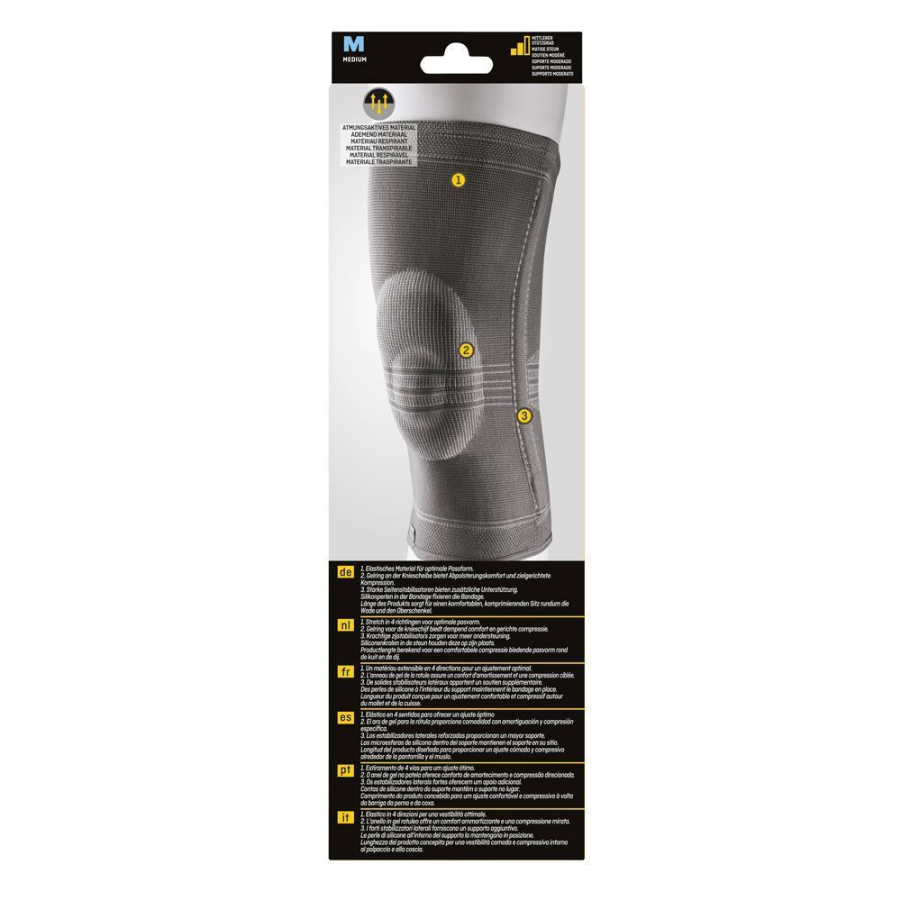 Genouillère 3M™ Futuro™. Dos de l'emballage. Image du produit avec caractéristiques numérotées et texte.