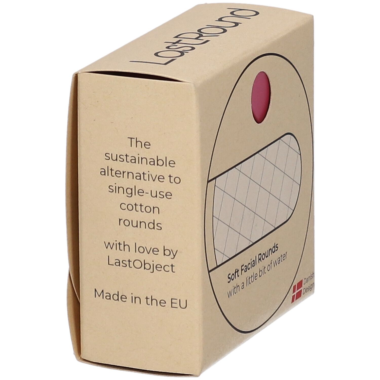 Boîte en carton "LastRound". Texte : "The sustainable alternative to single-use cotton rounds". Fabriqué en UE.