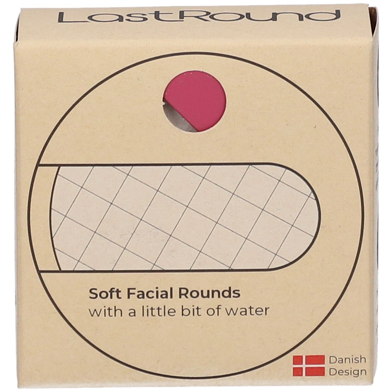 Boîte en carton "LastRound". Texte : "Soft Facial Rounds". Design danois. Tampon rose visible.