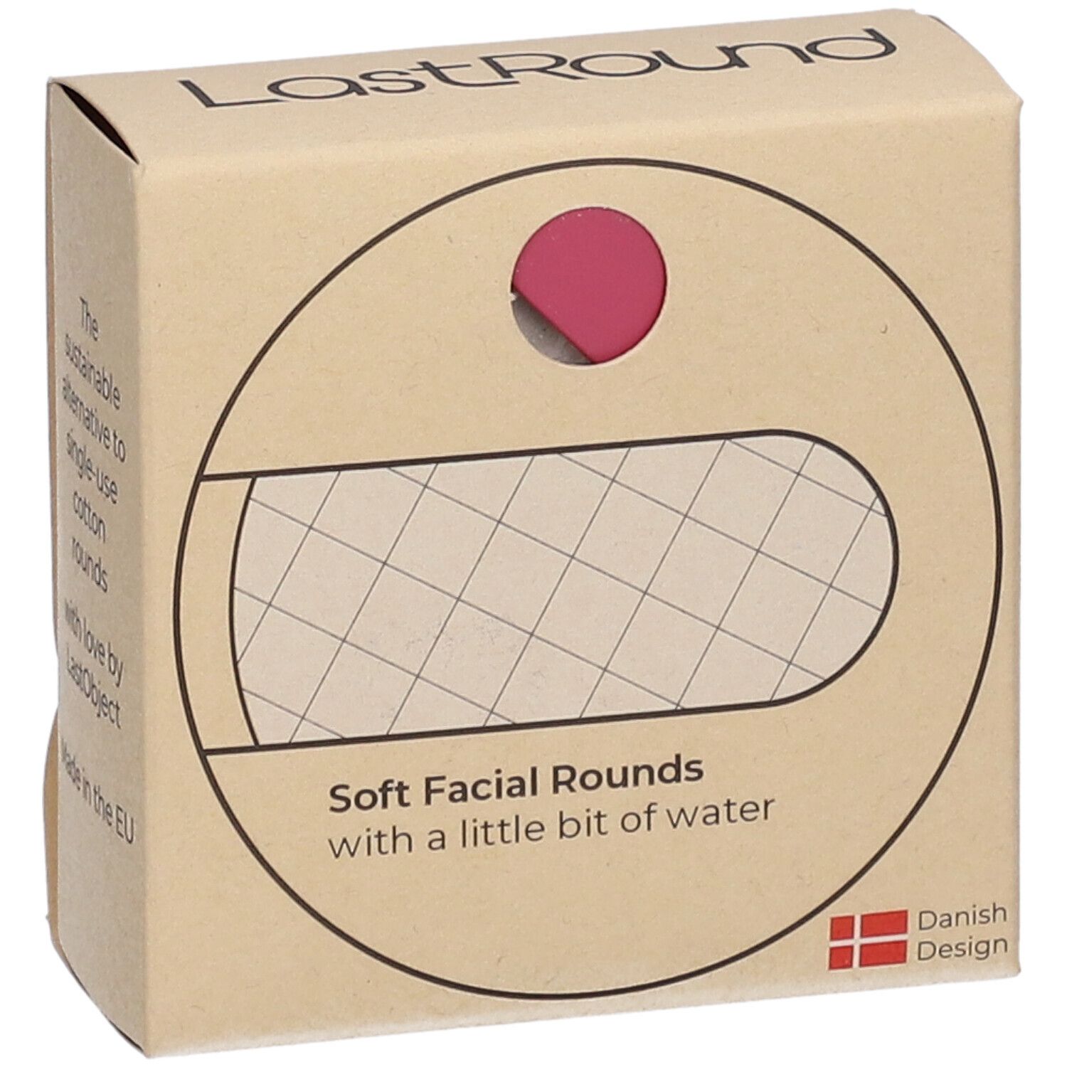 Boîte en carton "LastRound". Texte : "Soft Facial Rounds". Design danois. Tampon rose visible.