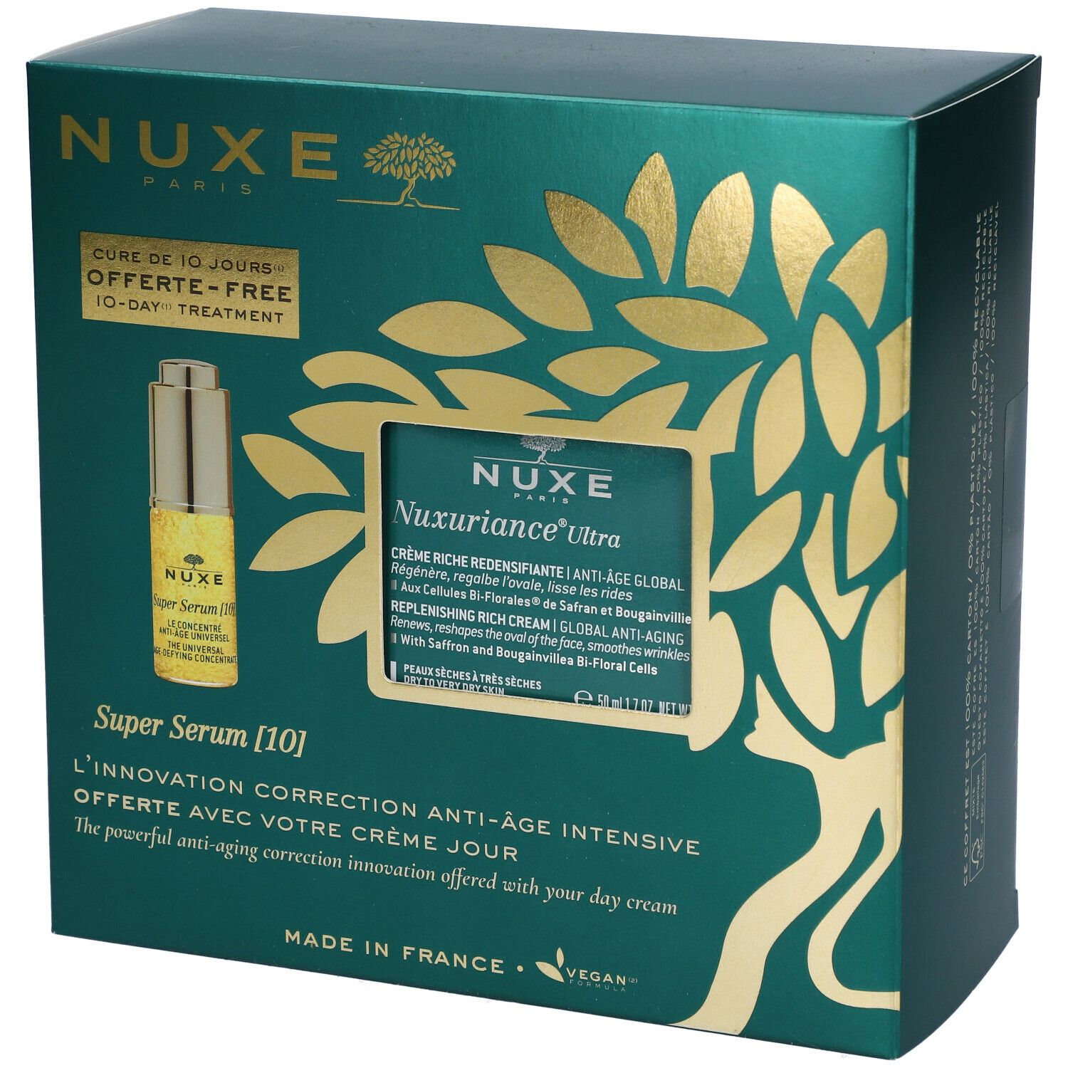 Boîte verte NUXE. Contient Super Sérum [10] et Crème Nuxuriance Ultra. Texte: Cure 10 jours, vegan.
