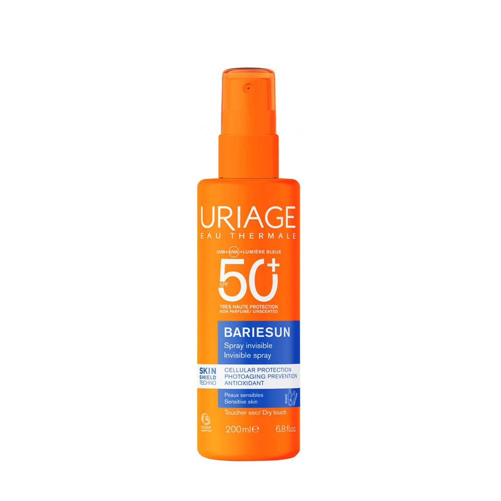 Flacon spray orange avec tête blanche. URIAGE, Bariésun, spray SPF50. Pour peaux sensibles.