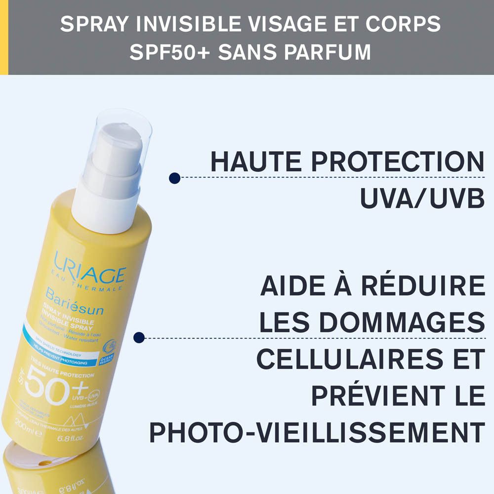 Graphique avec texte : Vitamine E, filtres organiques, Telomeres Protect, Eau Thermale d'Uriage. Pour tous types de peaux.