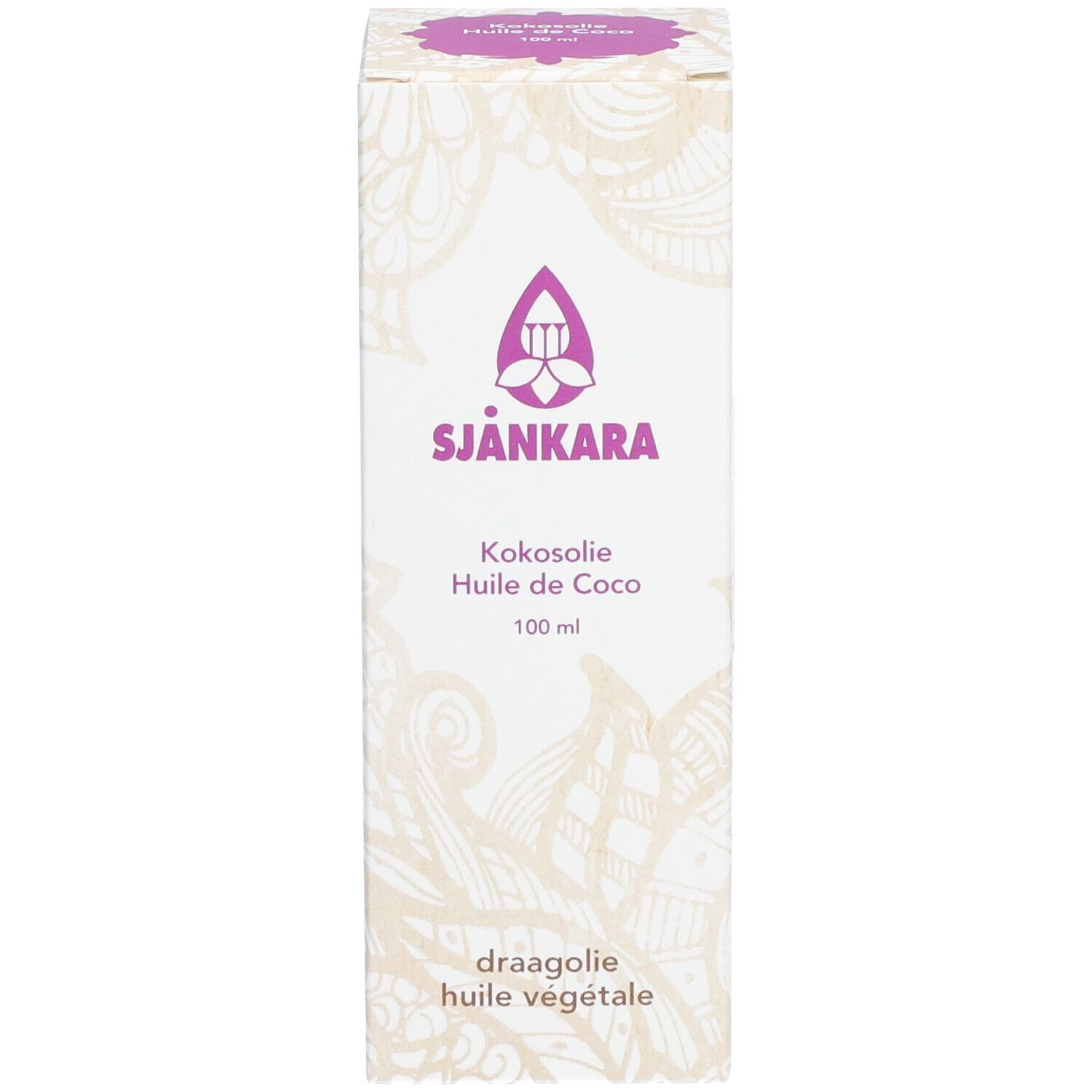 Emballage avec nom du produit et logo. Inscription : Huile de Coco, 100 ml.