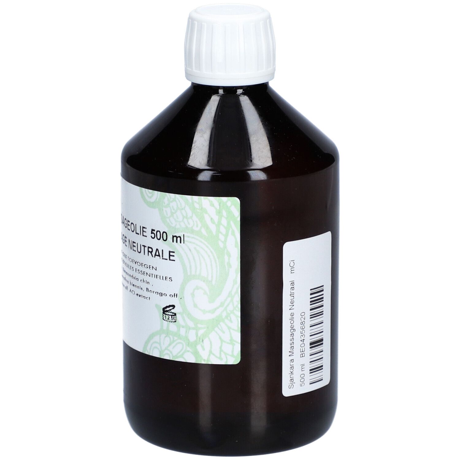 Flacon brun avec bouchon blanc. Étiquette avec texte: Huile de massage. Marque Sjankara. 500 ml.