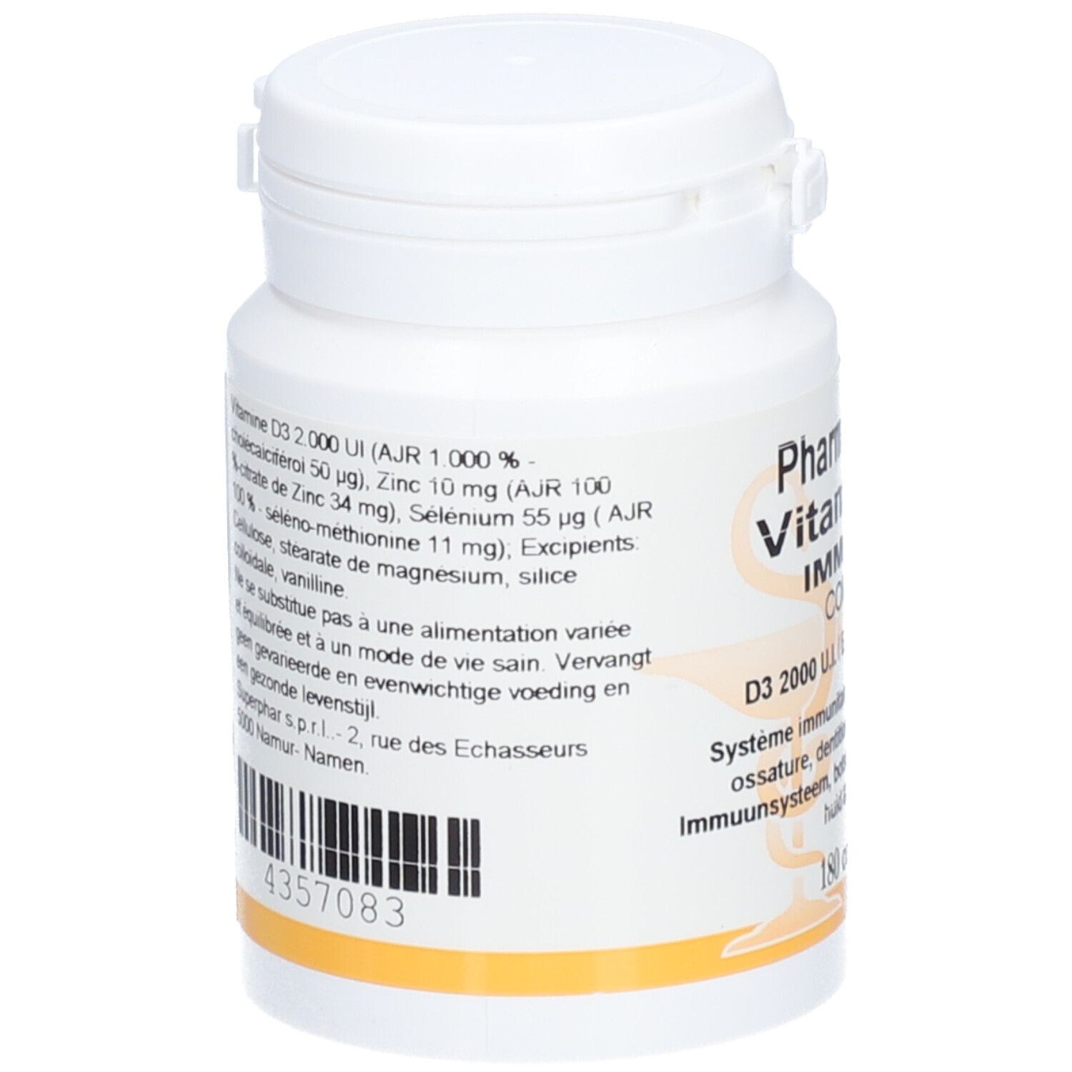 Dos d'un flacon blanc avec bouchon. Contient des informations sur les ingrédients et les valeurs nutritionnelles.