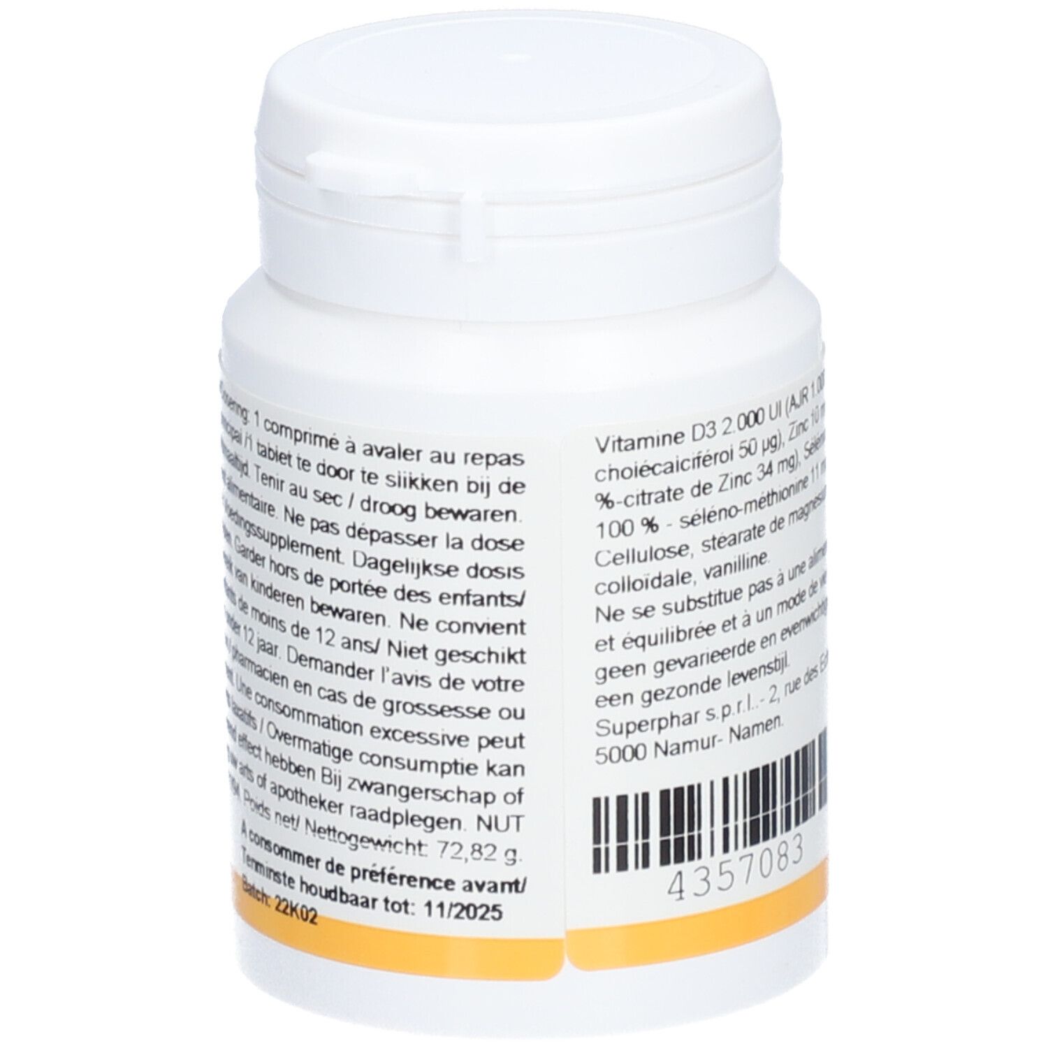 Dos d'un flacon blanc avec bouchon. Contient des informations sur le dosage et les avertissements.