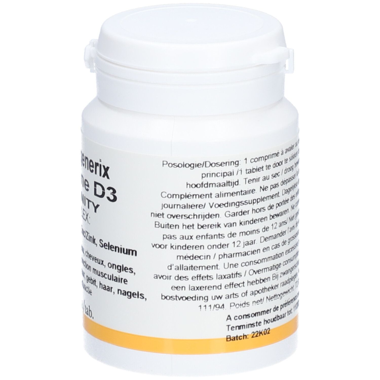 Flacon blanc avec bouchon. Contient des informations sur le dosage et les avertissements.