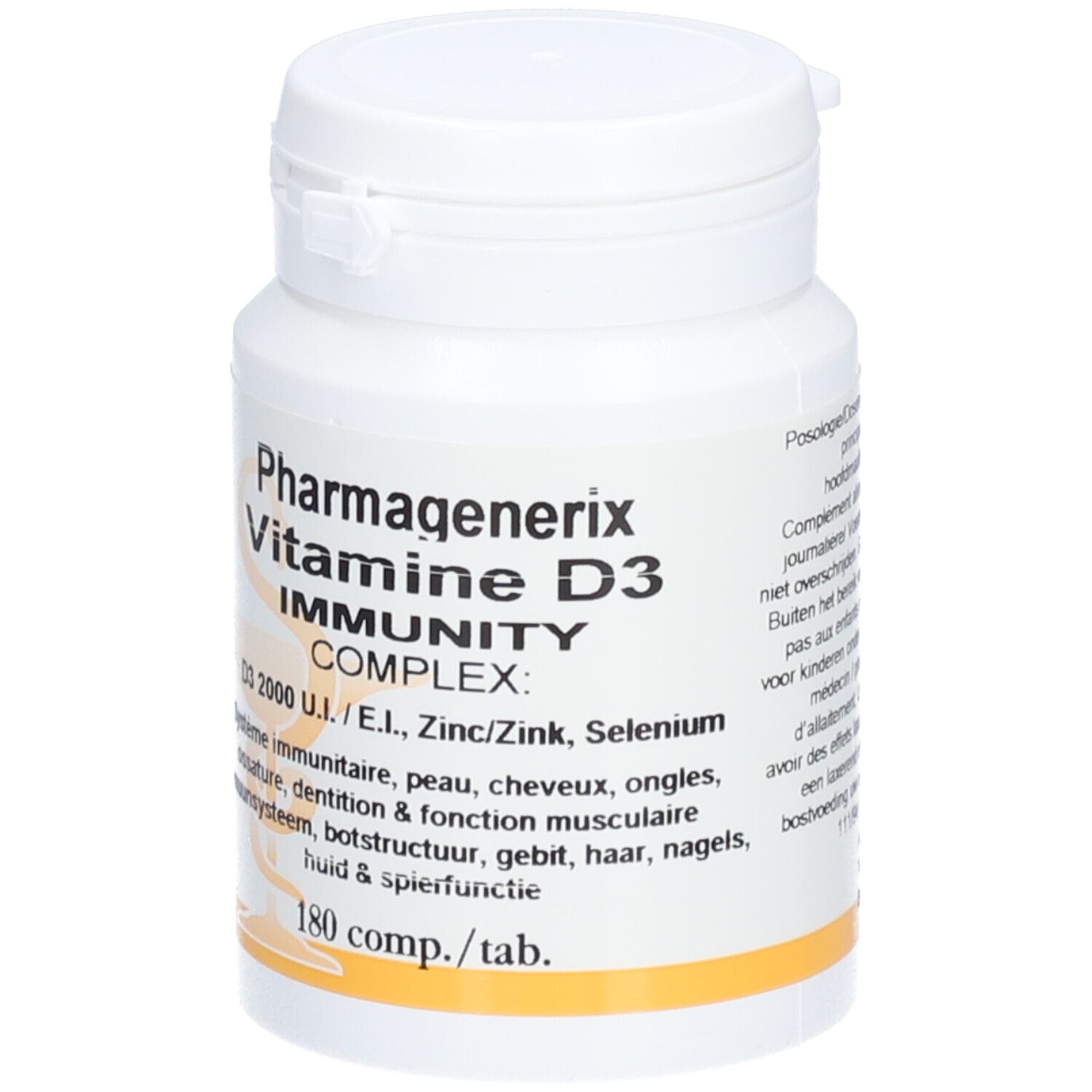 Flacon blanc avec bouchon. Inscription: Pharmagenerix Vitamine D3 Complex. Contient 180 comprimés.