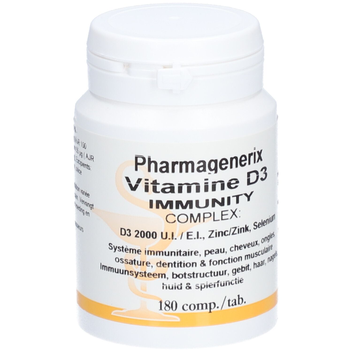 Flacon blanc avec bouchon. Inscription: Pharmagenerix Vitamine D3 Complex. Contient 180 comprimés.