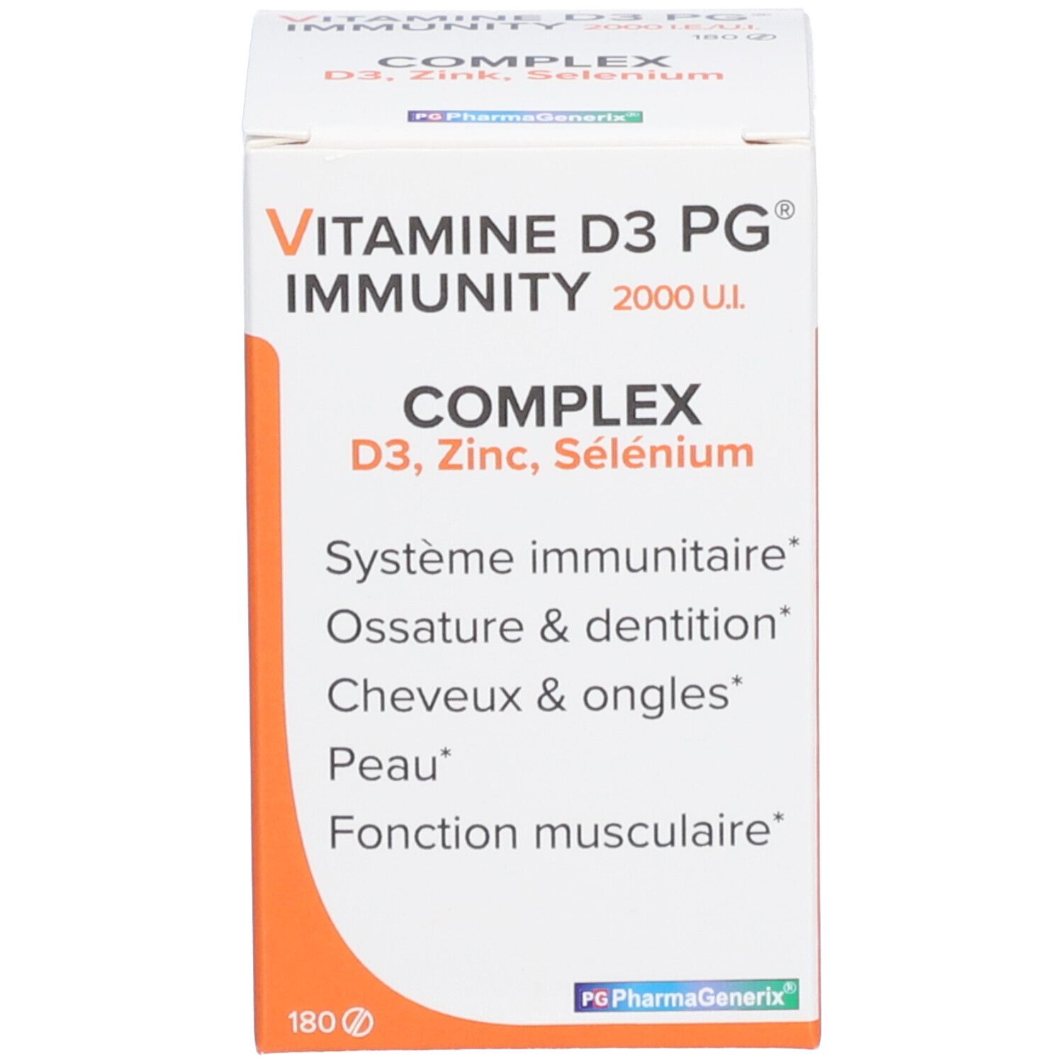 Emballage du produit. Inscription: Vitamine D3 PG Complex. Contient 180 comprimés.