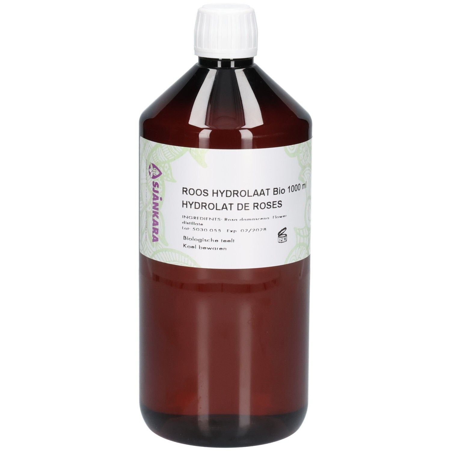 Flacon brun avec bouchon blanc. Étiquette avec texte: Roos Hydrolaat Bio, Hydrolat de Roses. Marque: Sjankara.