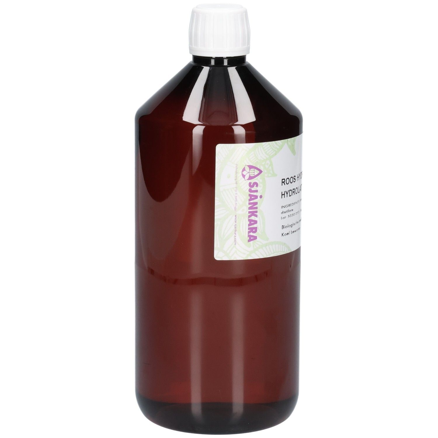 Flacon brun avec bouchon blanc. Étiquette avec texte: Roos Hydrolaat Bio, Hydrolat de Roses. Marque: Sjankara.