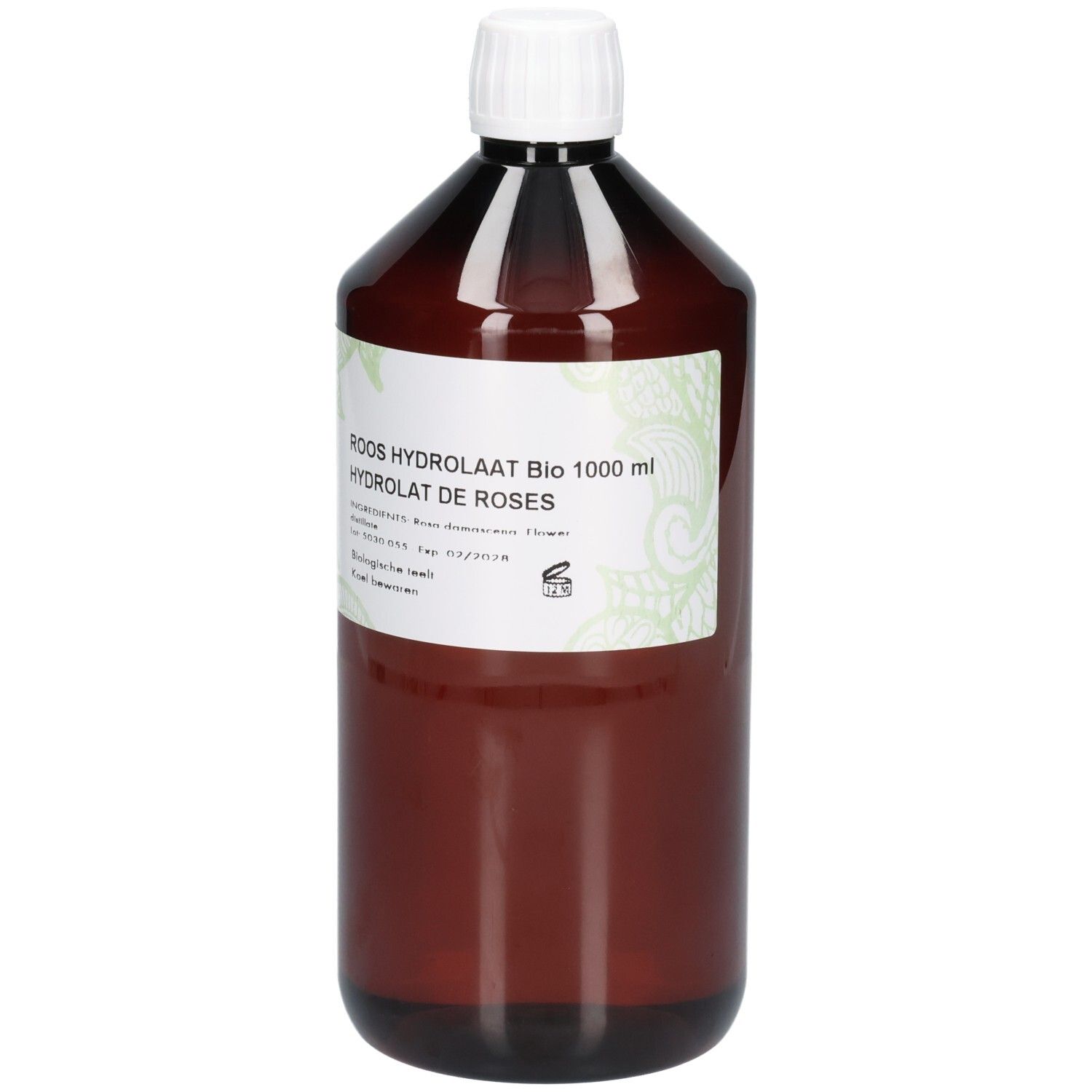 Flacon brun avec bouchon blanc. Étiquette avec texte: Roos Hydrolaat Bio, Hydrolat de Roses. Marque: Sjankara.