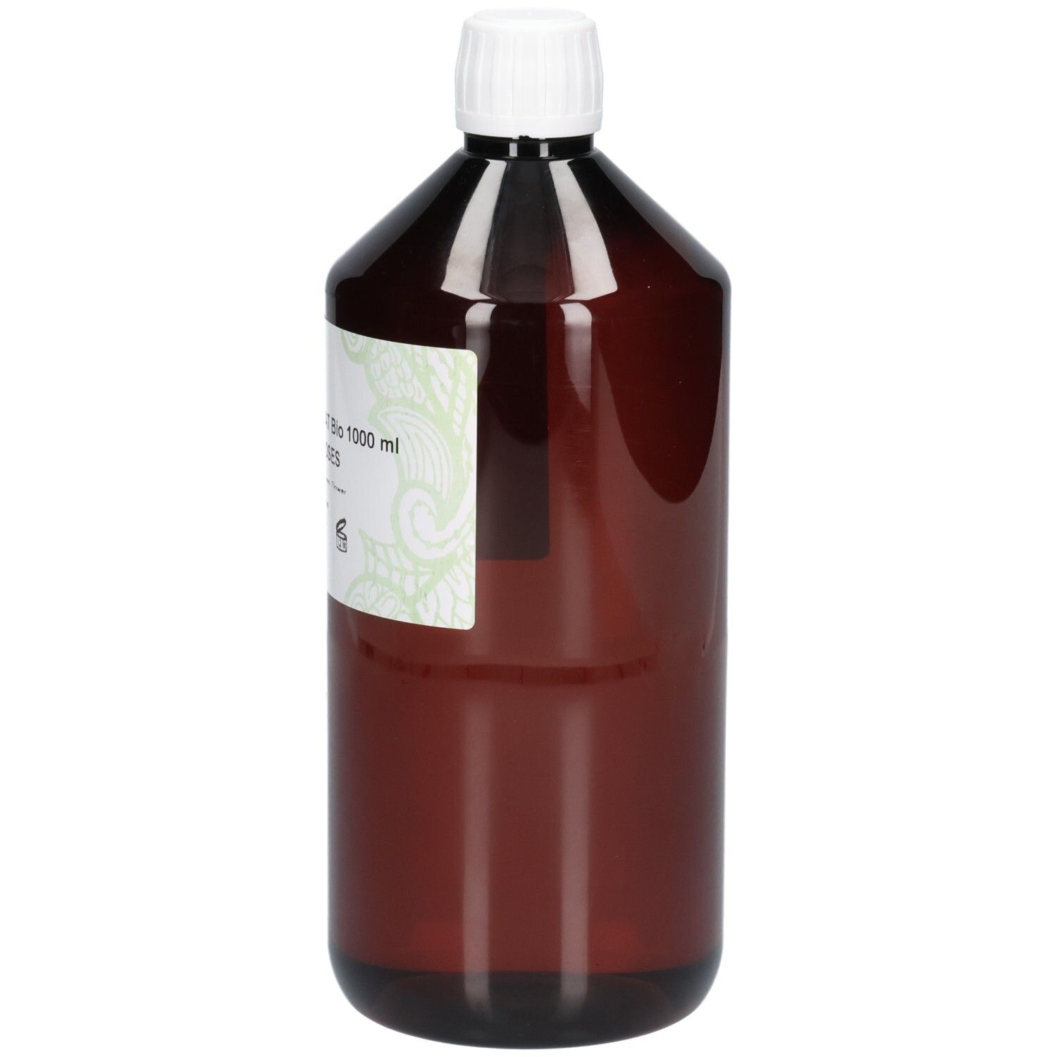 Flacon brun avec bouchon blanc. Étiquette avec texte: Roos Hydrolaat Bio, Hydrolat de Roses. Marque: Sjankara.