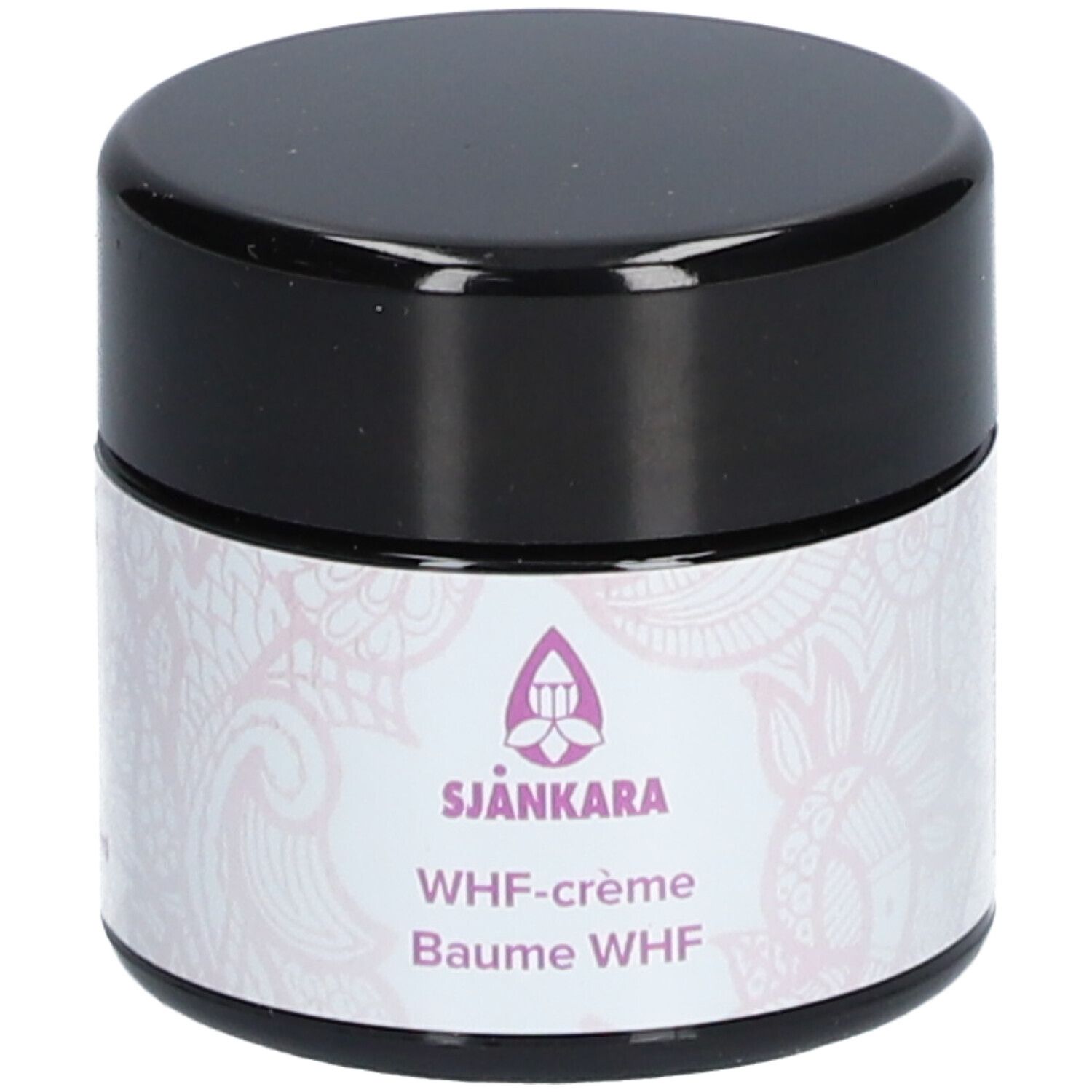 Pot de crème avec couvercle noir. Étiquette : Sjankara, WHF-crème, Baume WHF. Logo violet et motif floral.