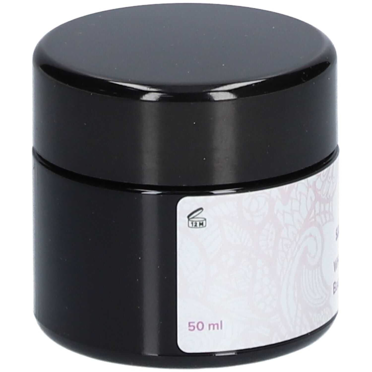 Pot de crème avec couvercle noir. Étiquette : 50 ml. Logo et motif floral. Sjankara, WHF-crème, Baume WHF.