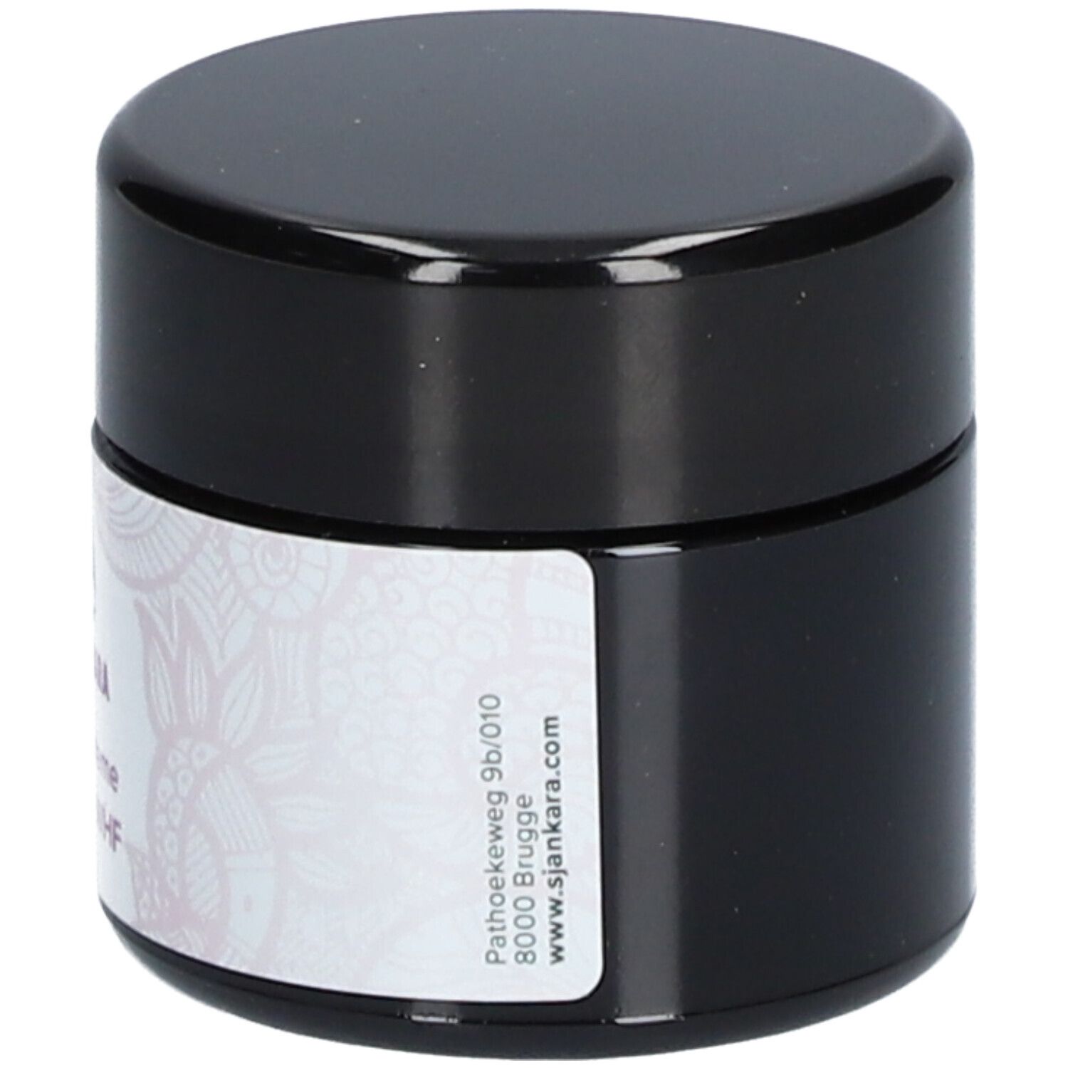 Pot de crème avec couvercle noir. Étiquette : adresse et site web. Sjankara, WHF-crème, Baume WHF. Logo et motif.