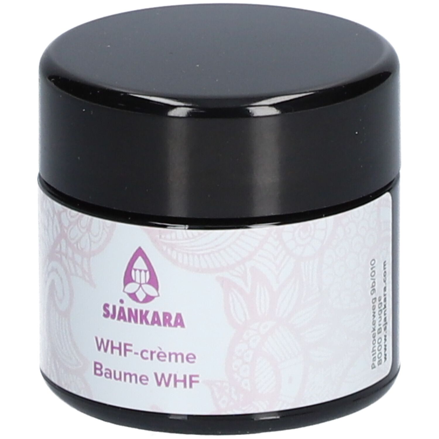 Pot de crème avec couvercle noir. Étiquette : Sjankara, WHF-crème, Baume WHF. Logo violet et motif floral.