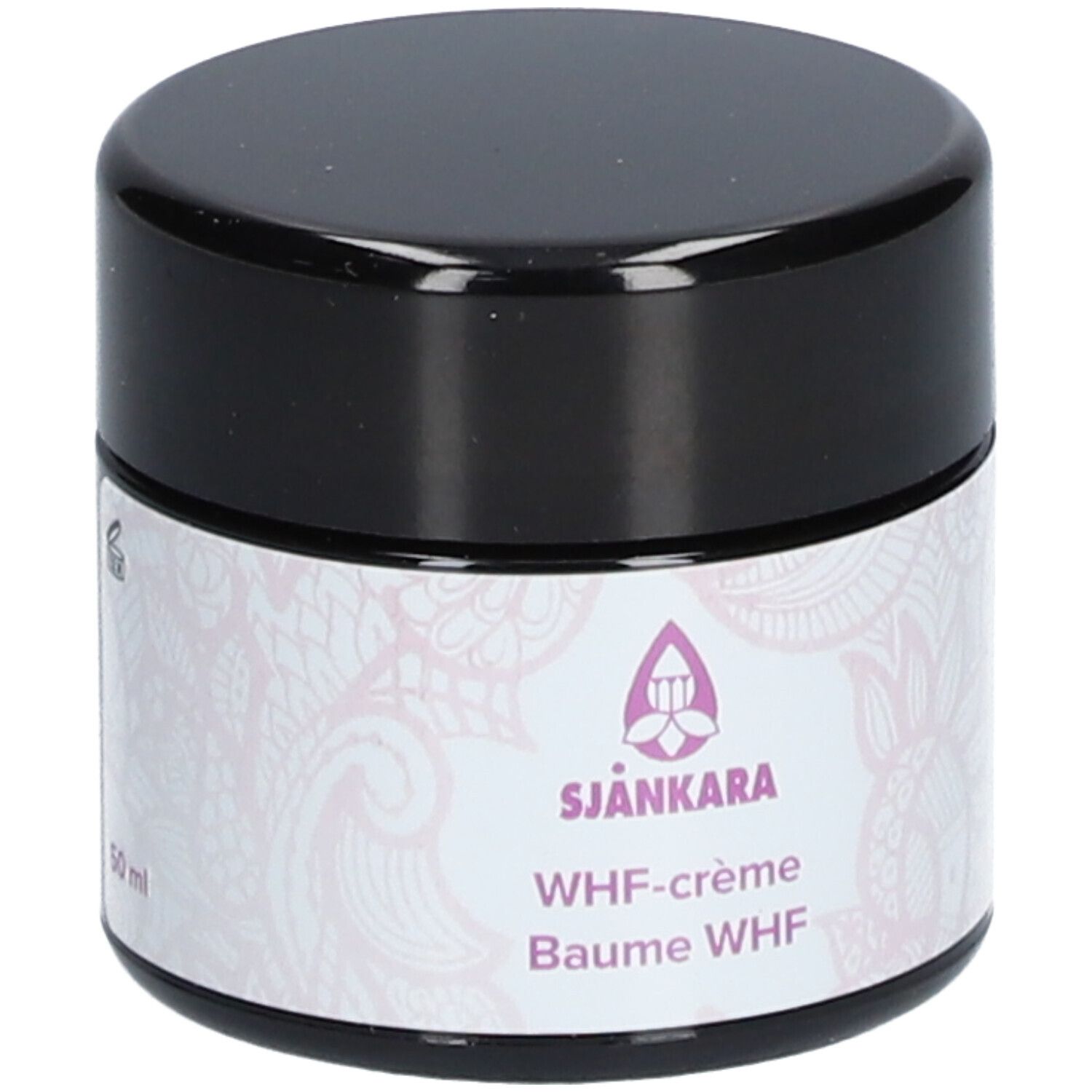 Pot de crème avec couvercle noir. Étiquette : 50 ml. Sjankara, WHF-crème, Baume WHF. Logo et motif floral.