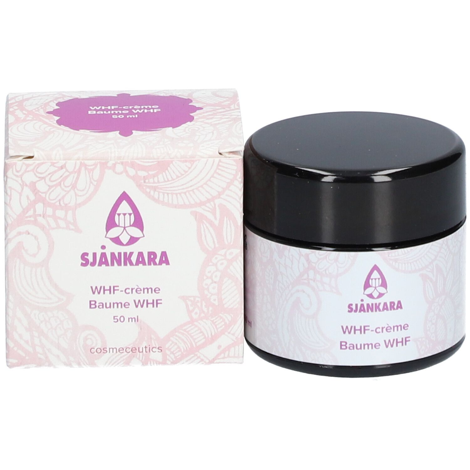 Pot de crème et boîte. Sur la boîte : Sjankara, WHF-crème, Baume WHF, 50 ml. Logo violet et motif.