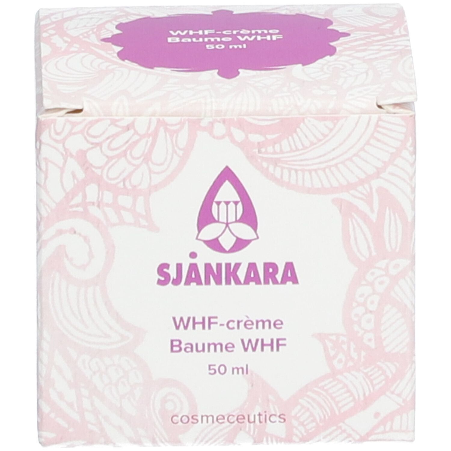 Boîte blanche avec couvercle violet. Sur la boîte : Sjankara, WHF-crème, Baume WHF, 50 ml. Logo violet et motif.