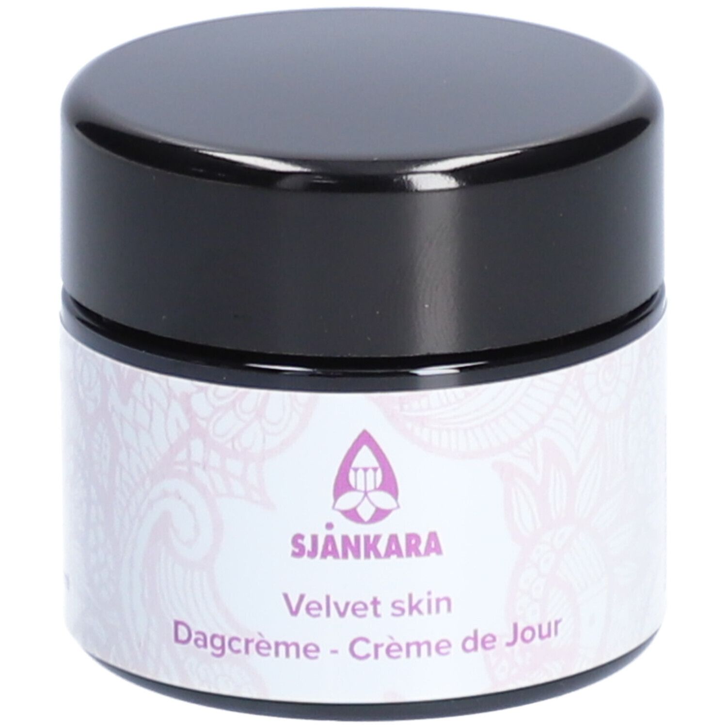 Pot de crème avec couvercle noir. Autocollant avec logo et texte: Sjankara, Velvet skin, Dagcrème - Crème de Jour.