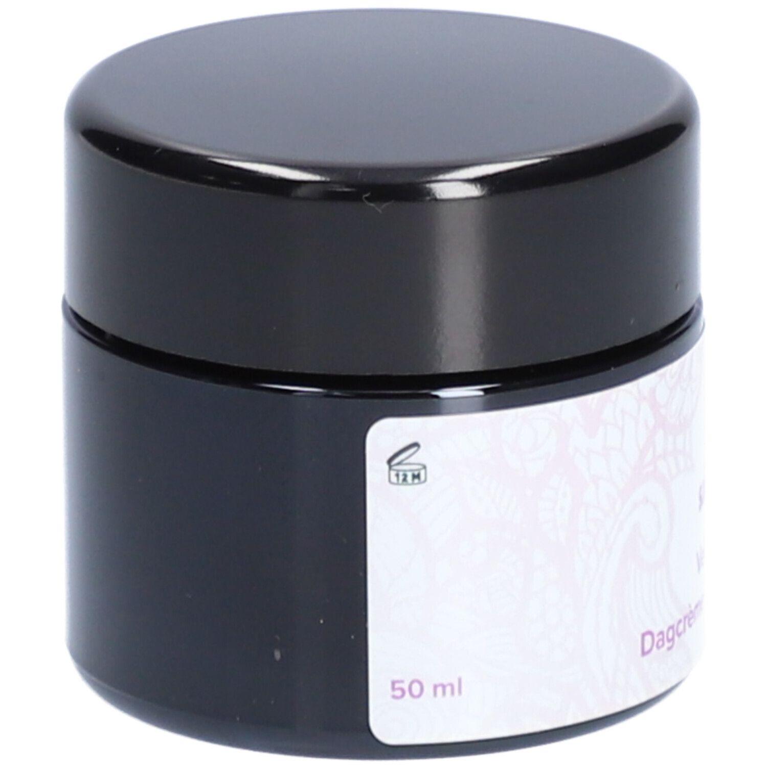 Pot de crème avec couvercle noir. Autocollant avec texte et 50 ml. Logo non visible.