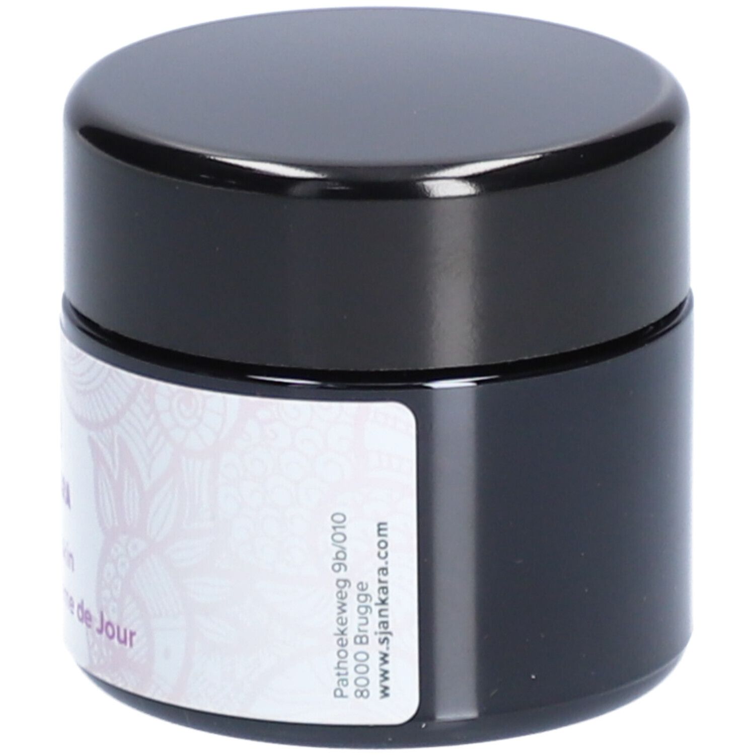 Pot de crème avec couvercle noir. Autocollant avec texte et logo: Sjankara, Velvet skin, Dagcrème - Crème de Jour.