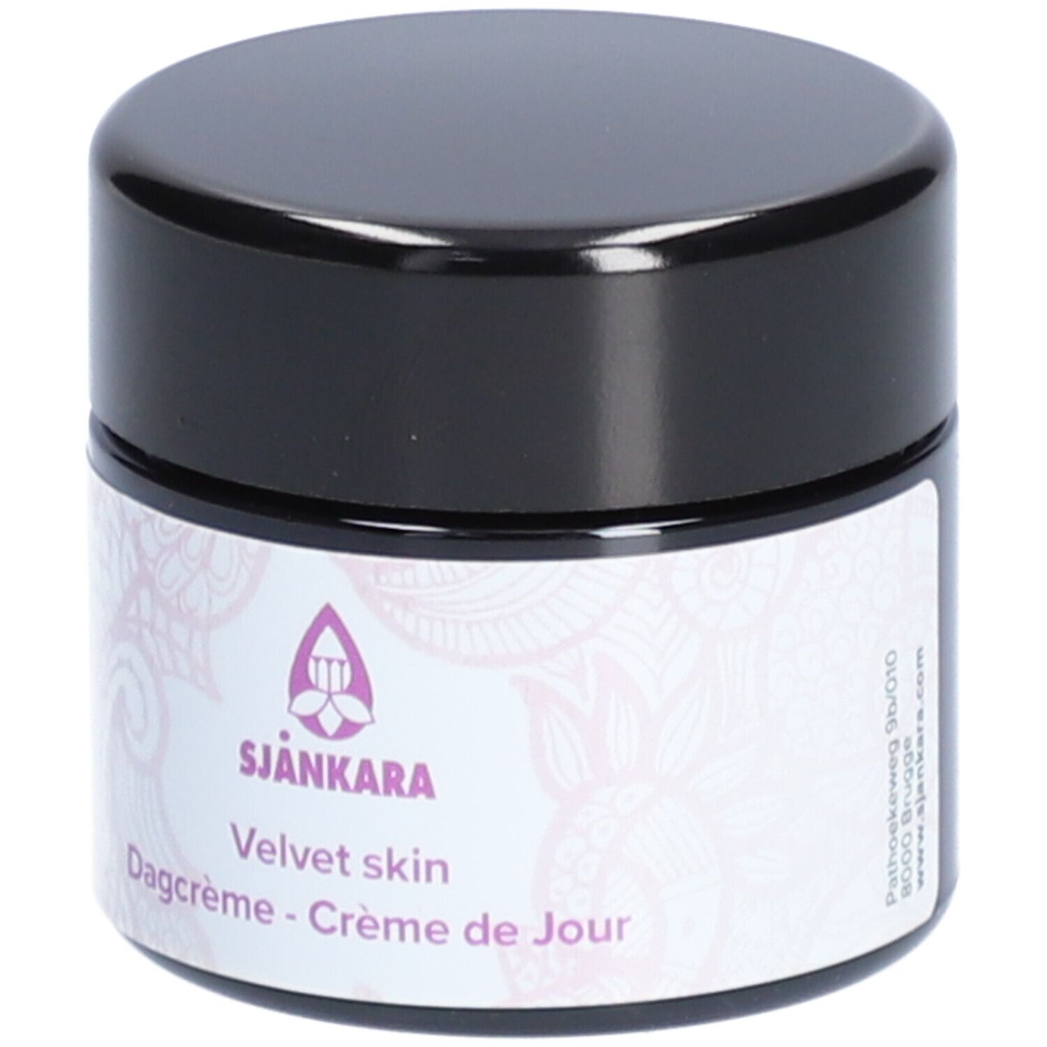 Pot de crème avec couvercle noir. Autocollant avec logo et texte: Sjankara, Velvet skin, Dagcrème - Crème de Jour.
