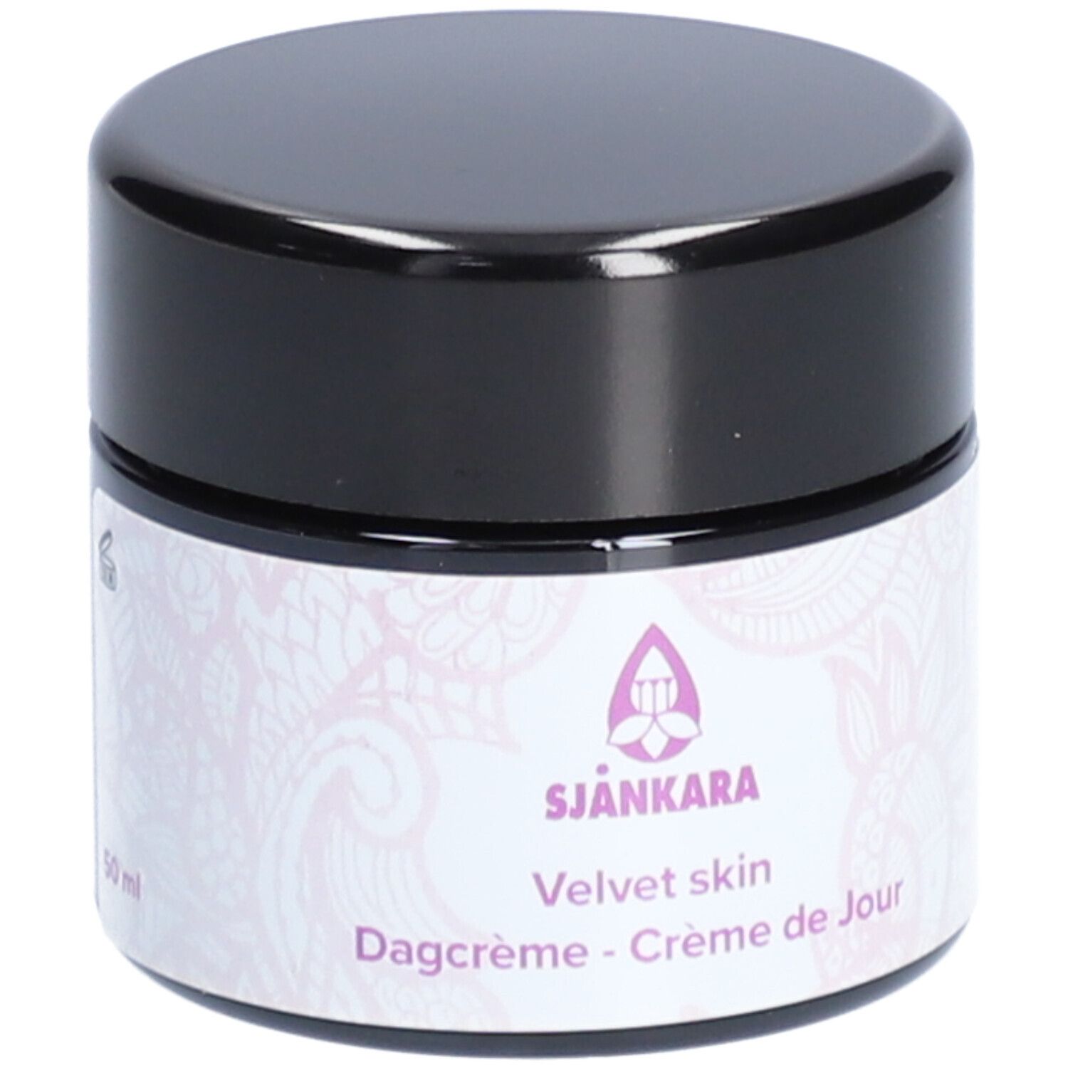 Pot de crème avec couvercle noir. Autocollant avec texte et 50 ml. Logo: Sjankara, Velvet skin, Dagcrème - Crème de Jour.
