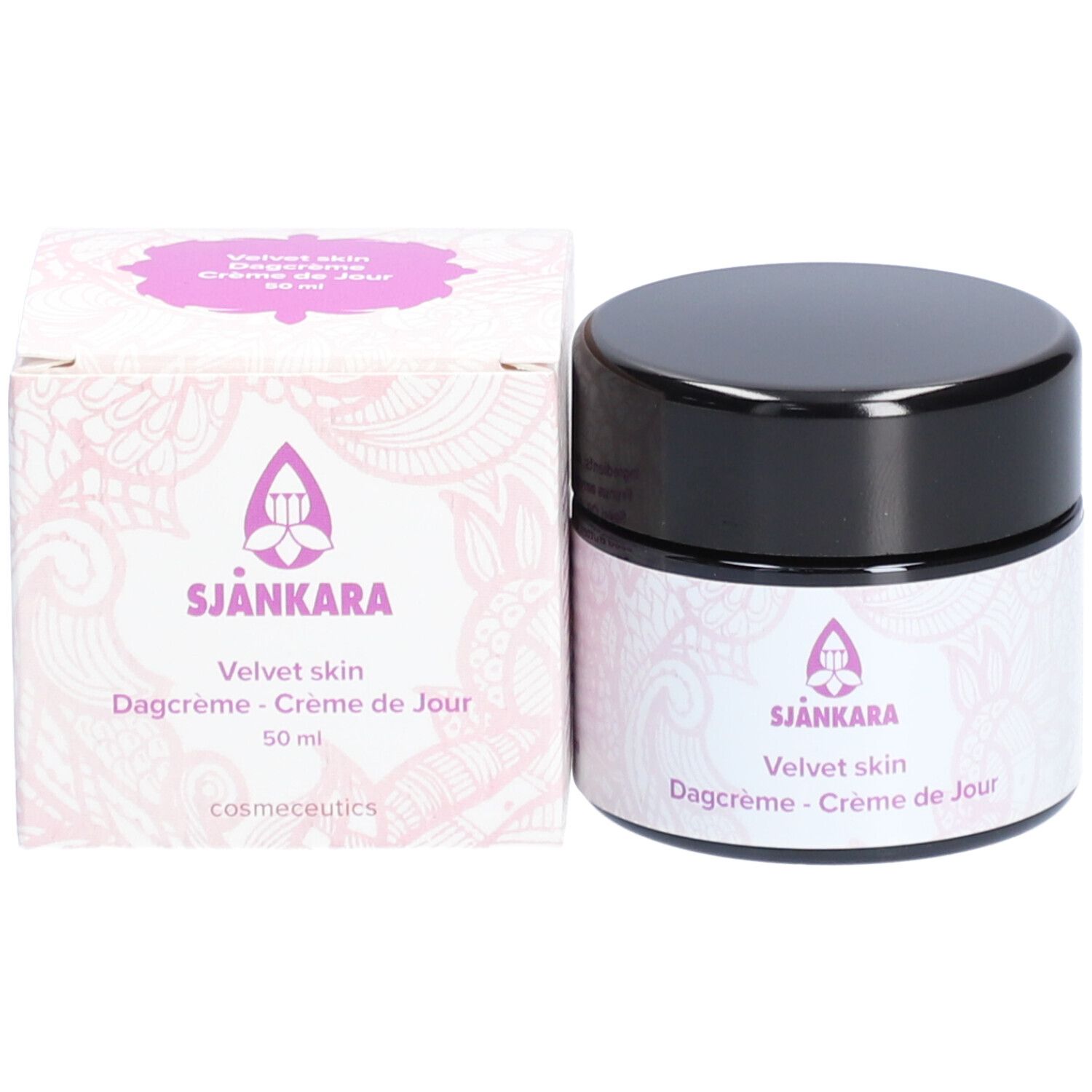 Pot de crème et boîte. Autocollant et boîte avec logo et texte: Sjankara, Velvet skin, Dagcrème - Crème de Jour.