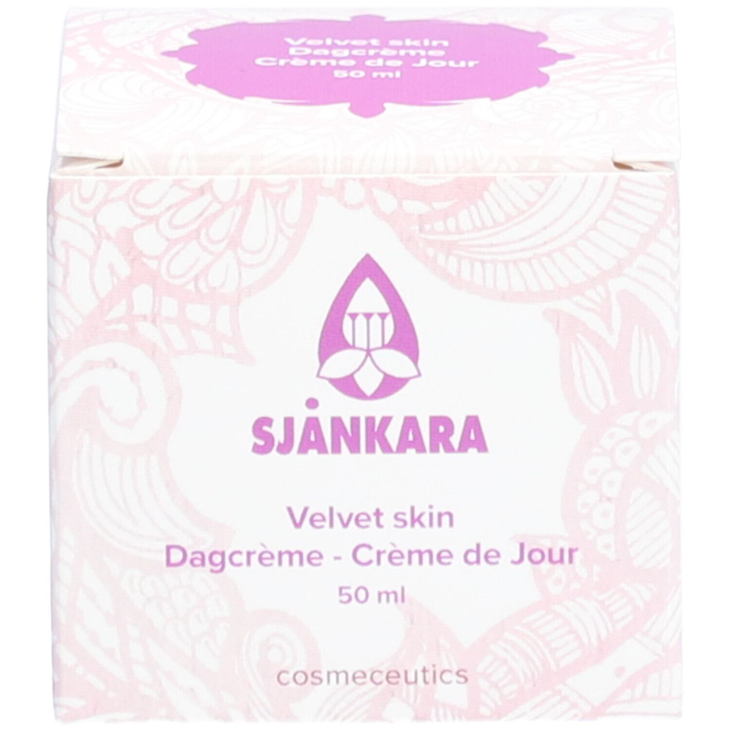 Boîte avec logo et texte: Sjankara, Velvet skin, Dagcrème - Crème de Jour. 50 ml.