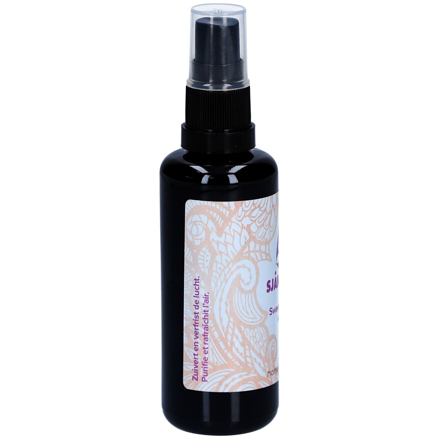 Flacon pulvérisateur noir avec étiquette blanche. Texte: Sjankara, Sweet Roses, 50 ml, Home Perfume. Purifie et rafraîchit l'air.