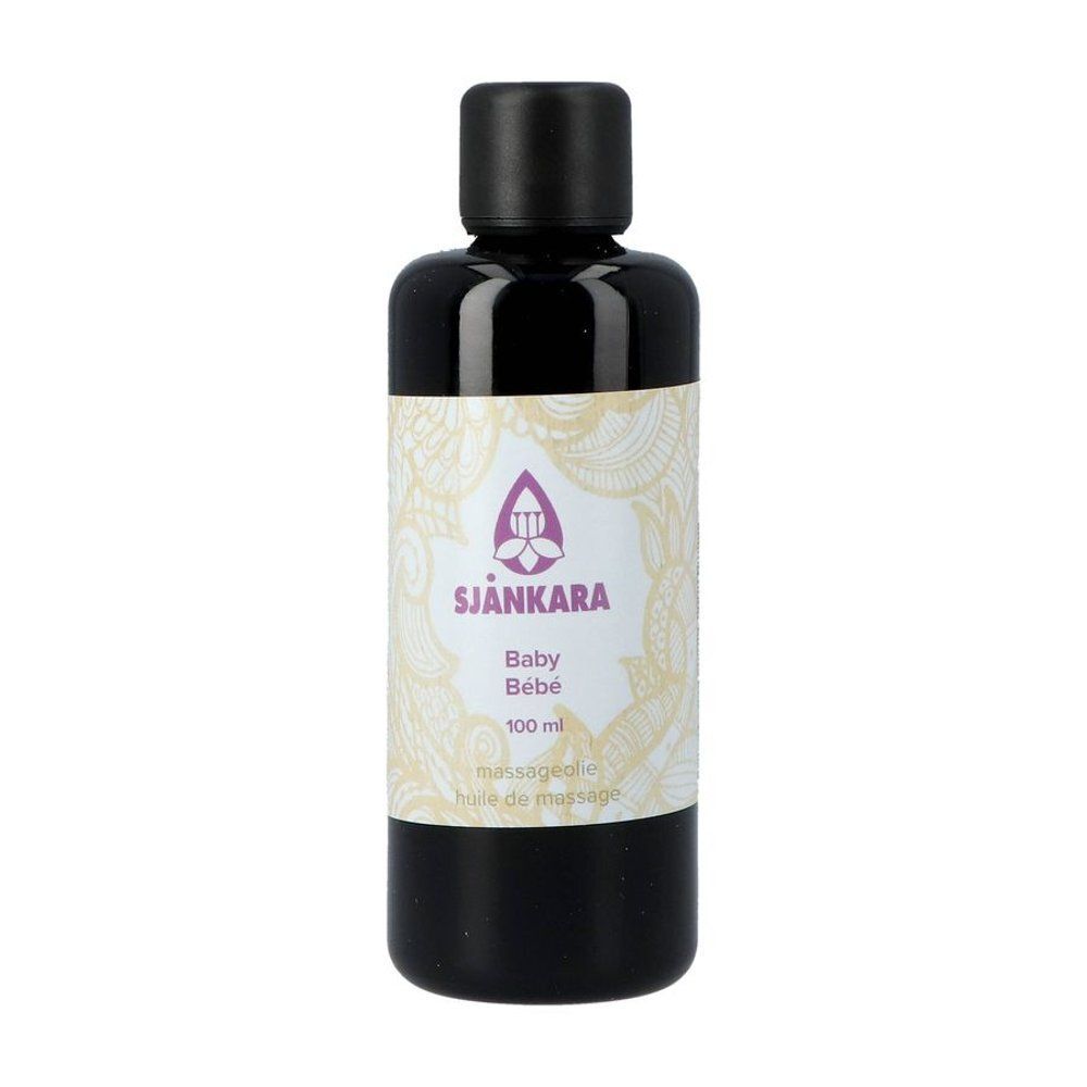 Flacon en verre brun avec bouchon noir. Étiquette avec texte: Sjankara Baby Bébé 100 ml.