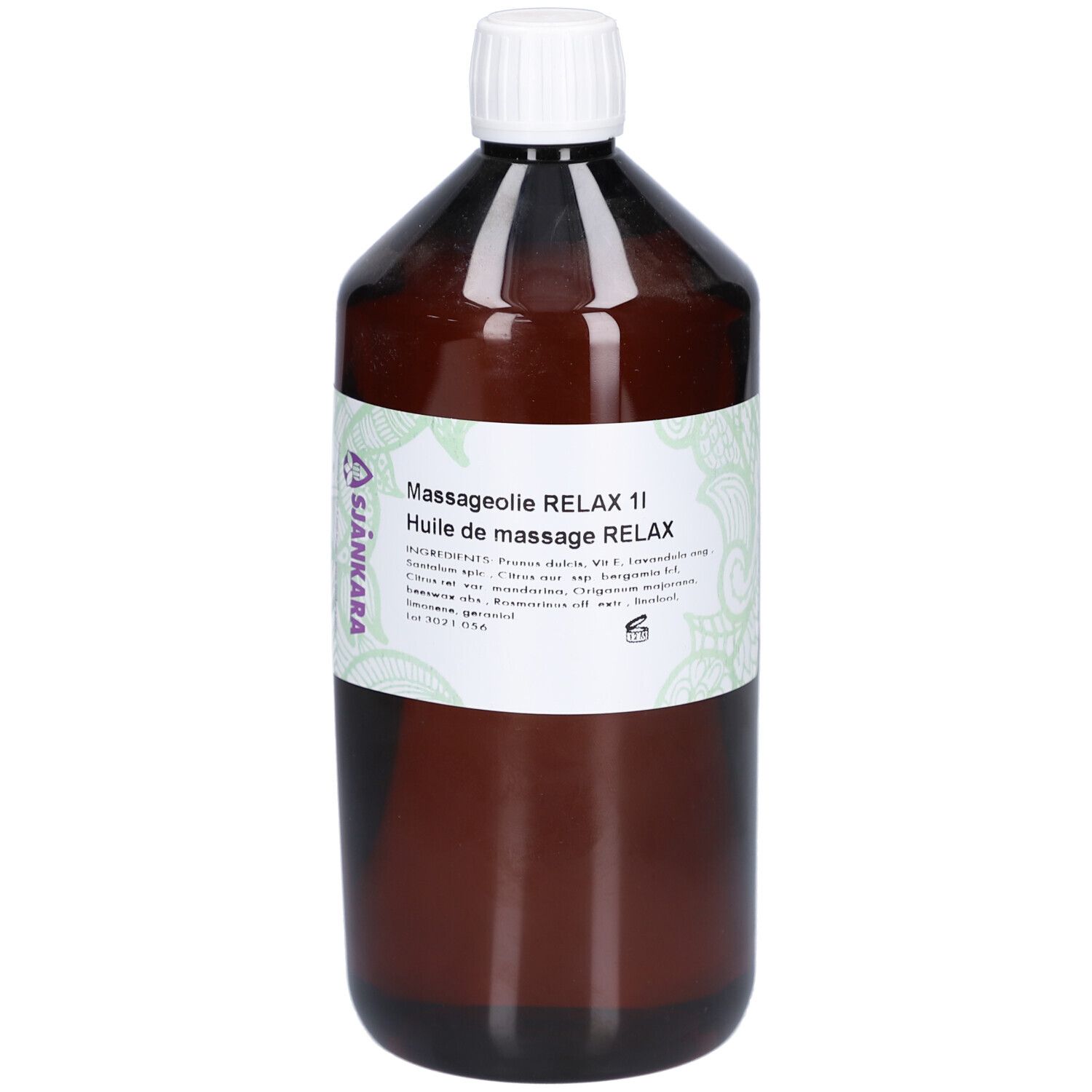 Flacon brun avec bouchon blanc. Étiquette avec nom du produit et ingrédients. Huile de massage Sjankara Relax.