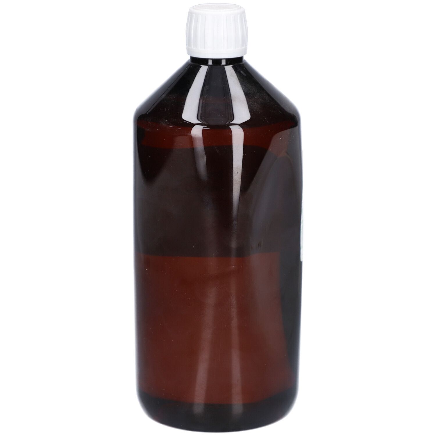 Flacon brun avec bouchon blanc. Aucune étiquette visible.