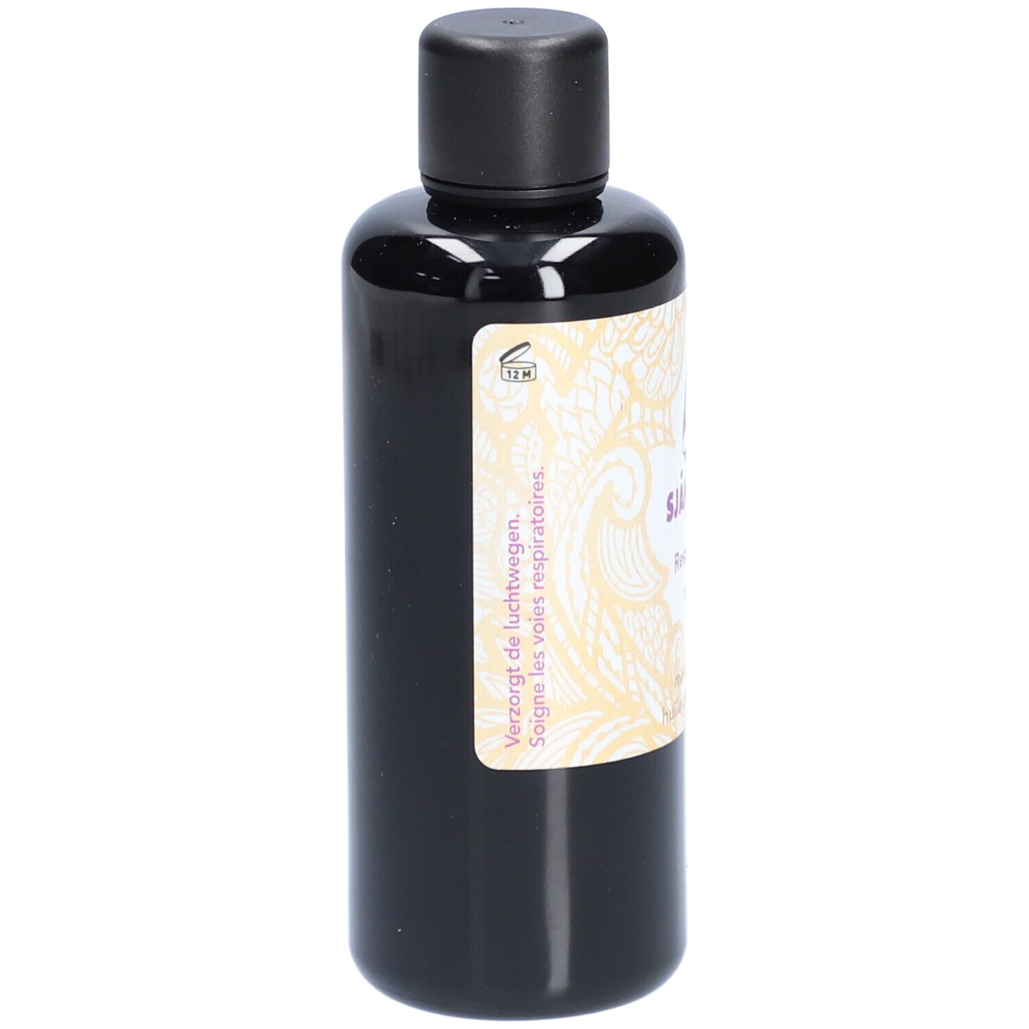 Flacon noir avec bouchon noir. Étiquette avec logo, nom du produit et texte. Motif doré sur l'étiquette.
