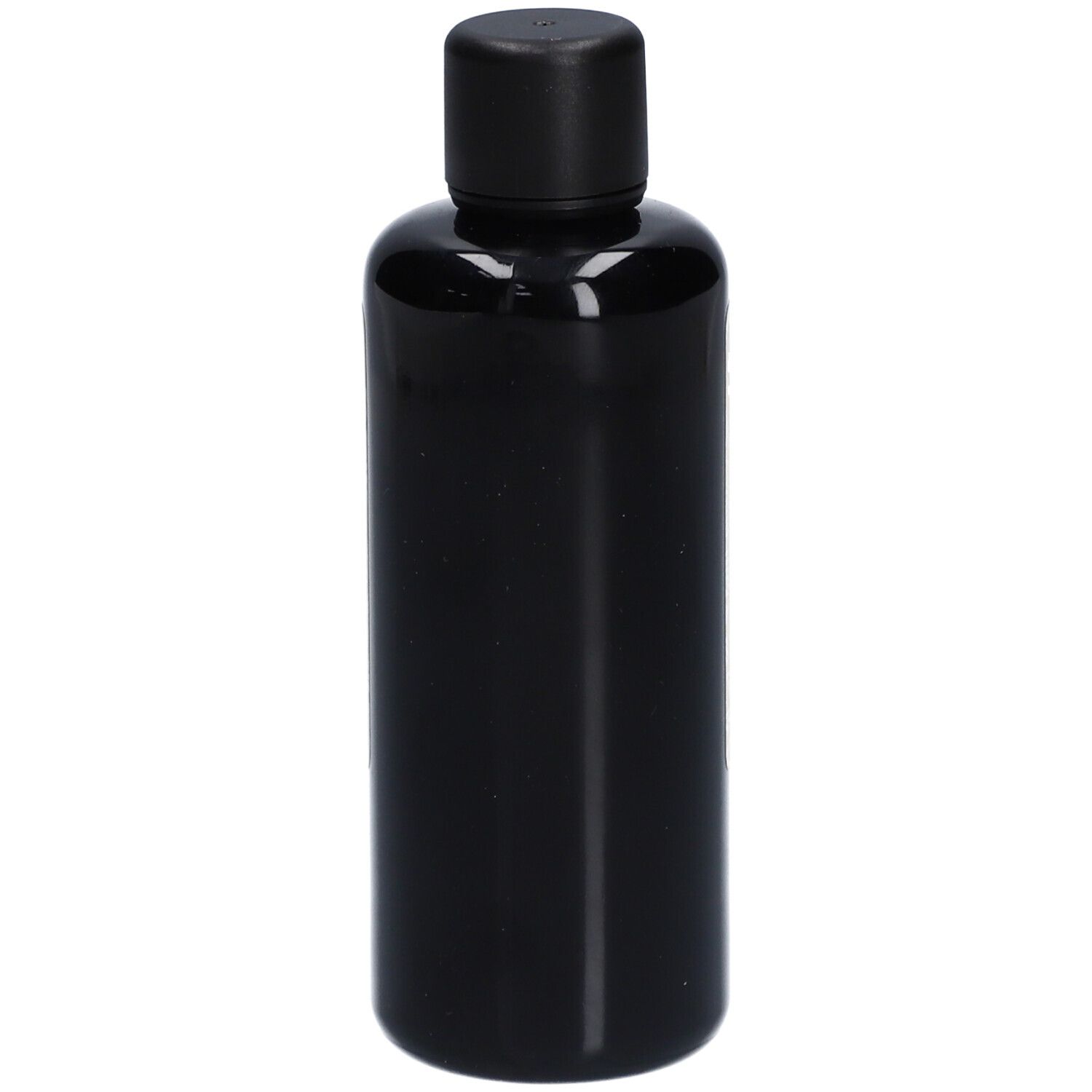 Flacon cylindrique noir avec bouchon noir. Aucun autre élément visible.