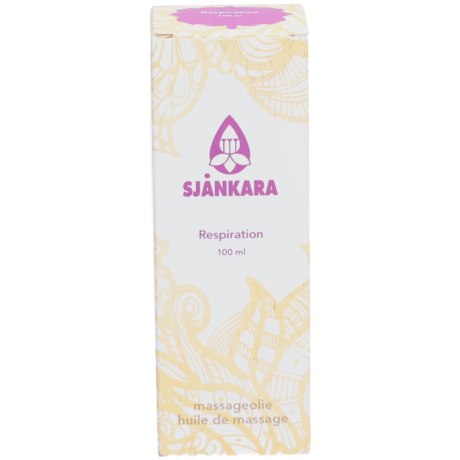 Emballage avec logo, nom du produit et volume. Motif doré sur fond blanc.