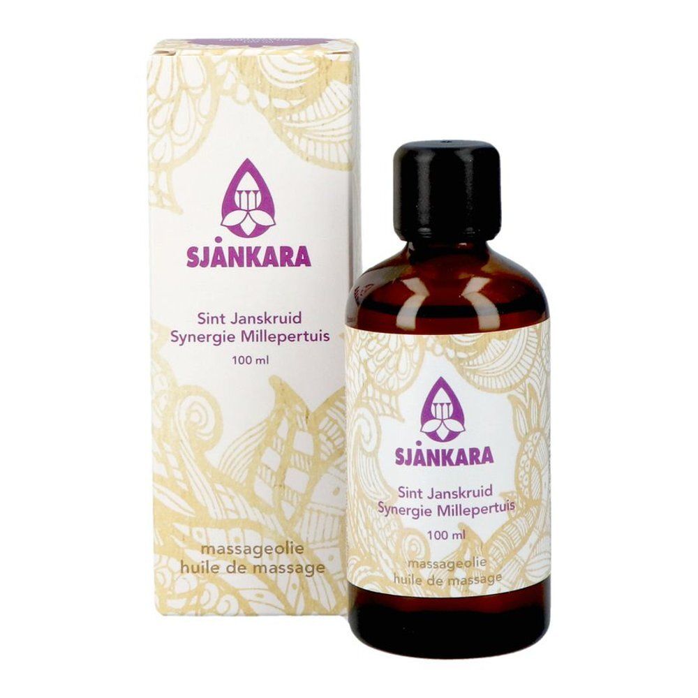 Huile de massage Sjankara, 100 ml, dans une bouteille en verre brun avec étiquette blanche et boîte.