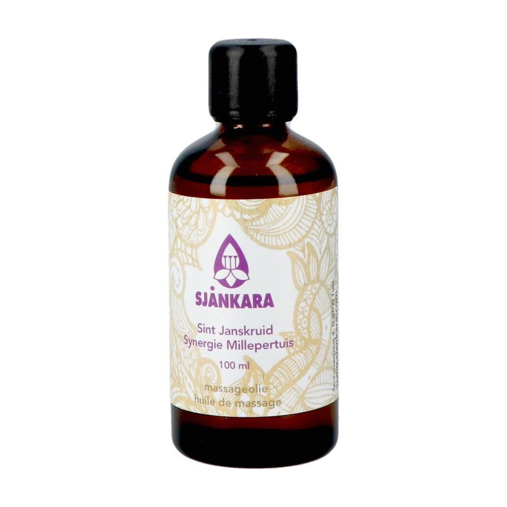 Flacon en verre brun de 100 ml d'huile de massage SJÄNKARA, étiquette avec symbole violet et motif floral.
