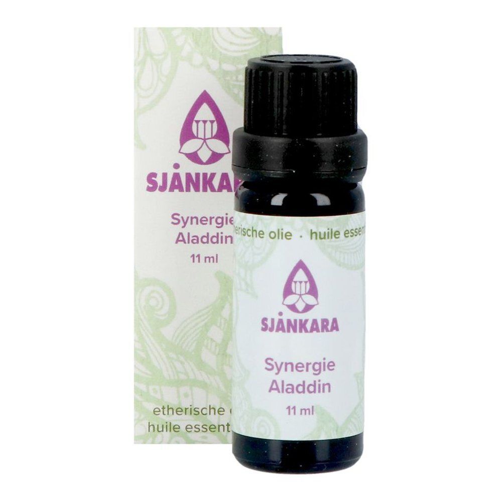 Flacon et emballage du produit. Flacon: Synergie Aladdin, 11 ml. Emballage: floral, nom du produit.